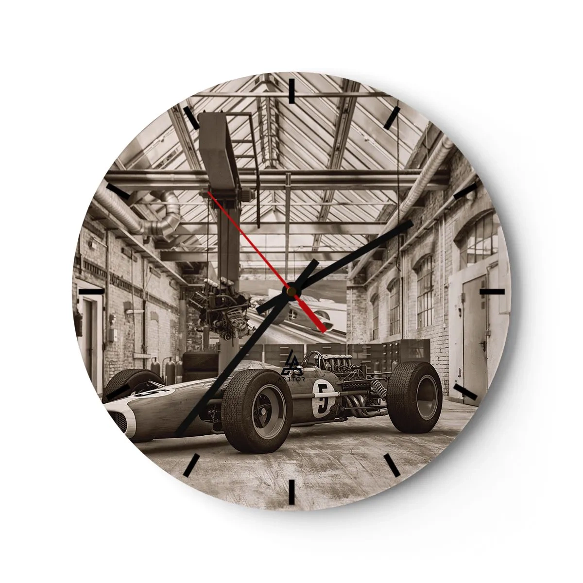 Wall clock - Clock on glass - A classic racing car in an old industrial hall - 30x30cm - Rest of the Winner - Modern wall decoration for the living room, kitchen, and bedroom ARTTOR