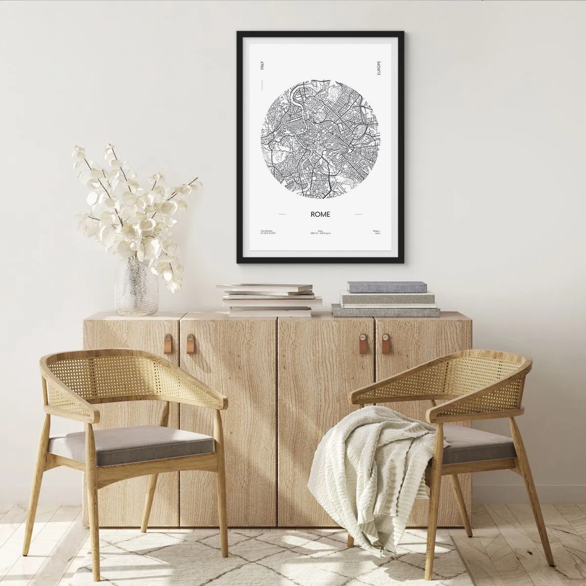 Poster in black frame - A minimalist map of Rome in black and white. - 50x70cm - Anatomy of Rome - Modern wall decoration for the living room and bedroom ARTTOR