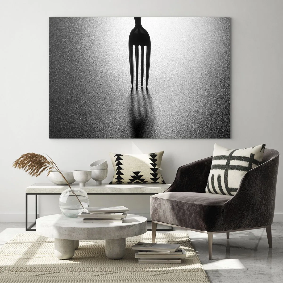 Glass picture - A fork casting a shadow in a minimalist black and white composition - 70x50cm - Light and Shade - Modern wall decoration for the living room and bedroom ARTTOR