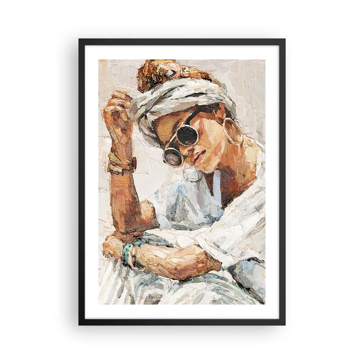 Poster in black frame - Portrait of a woman with glasses and a turban in the impressionist style - 50x70cm - Portrait in Full Sun - Modern wall decoration for the living room and bedroom ARTTOR