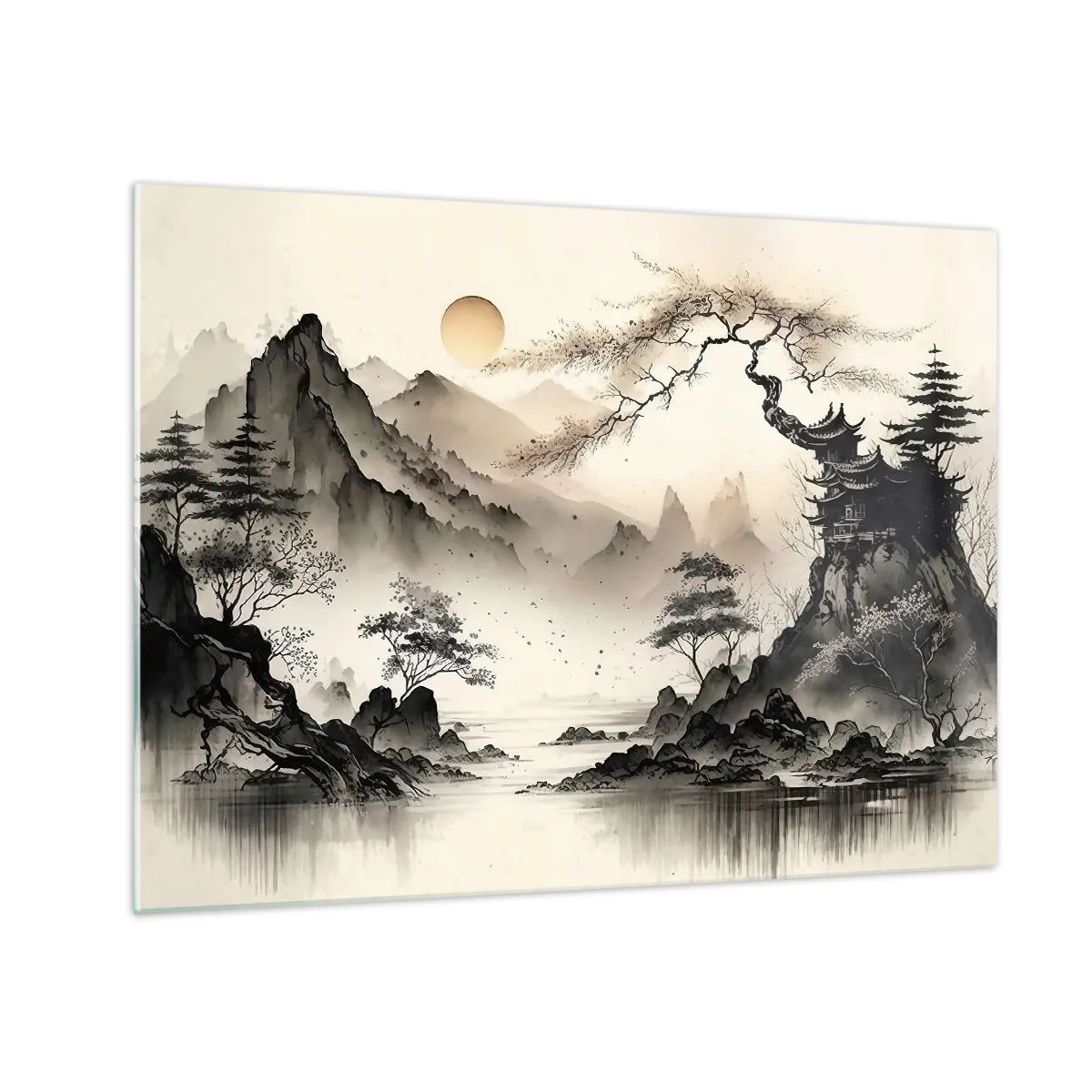 Glass picture - Oriental mountain landscape with a pagoda and trees - 70x50cm - Unique Charm of the Orient - Modern wall decoration for the living room and bedroom ARTTOR