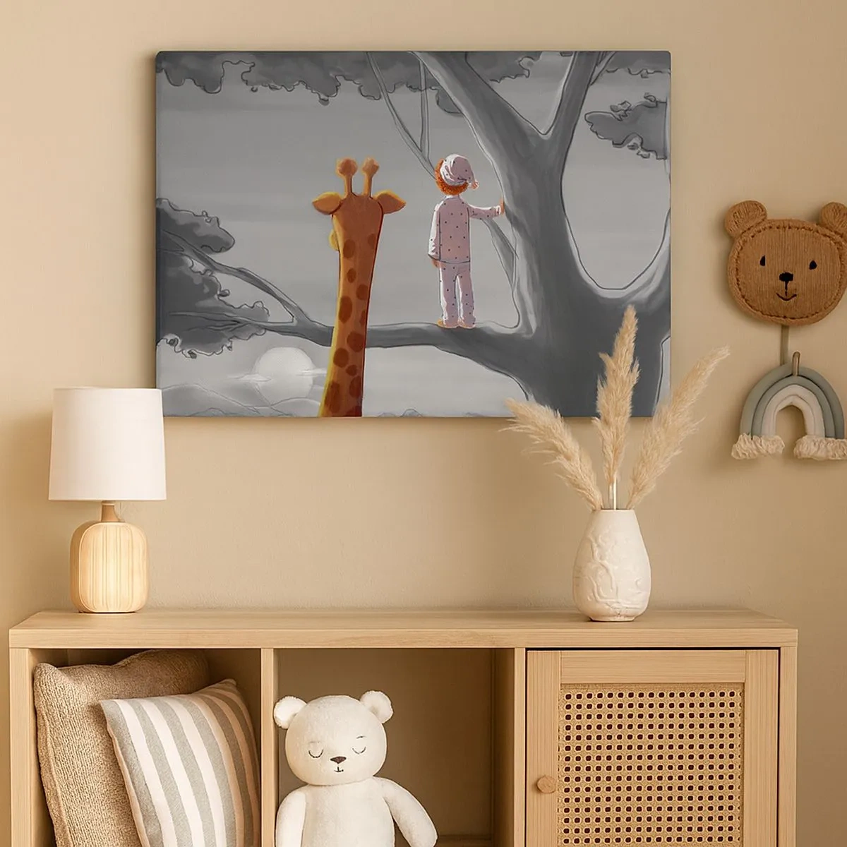 Canvas picture - A child and a giraffe on a tree branch in a fairytale landscape - 70x50cm - This Is Really Happening - Modern wall decoration for the living room and bedroom ARTTOR