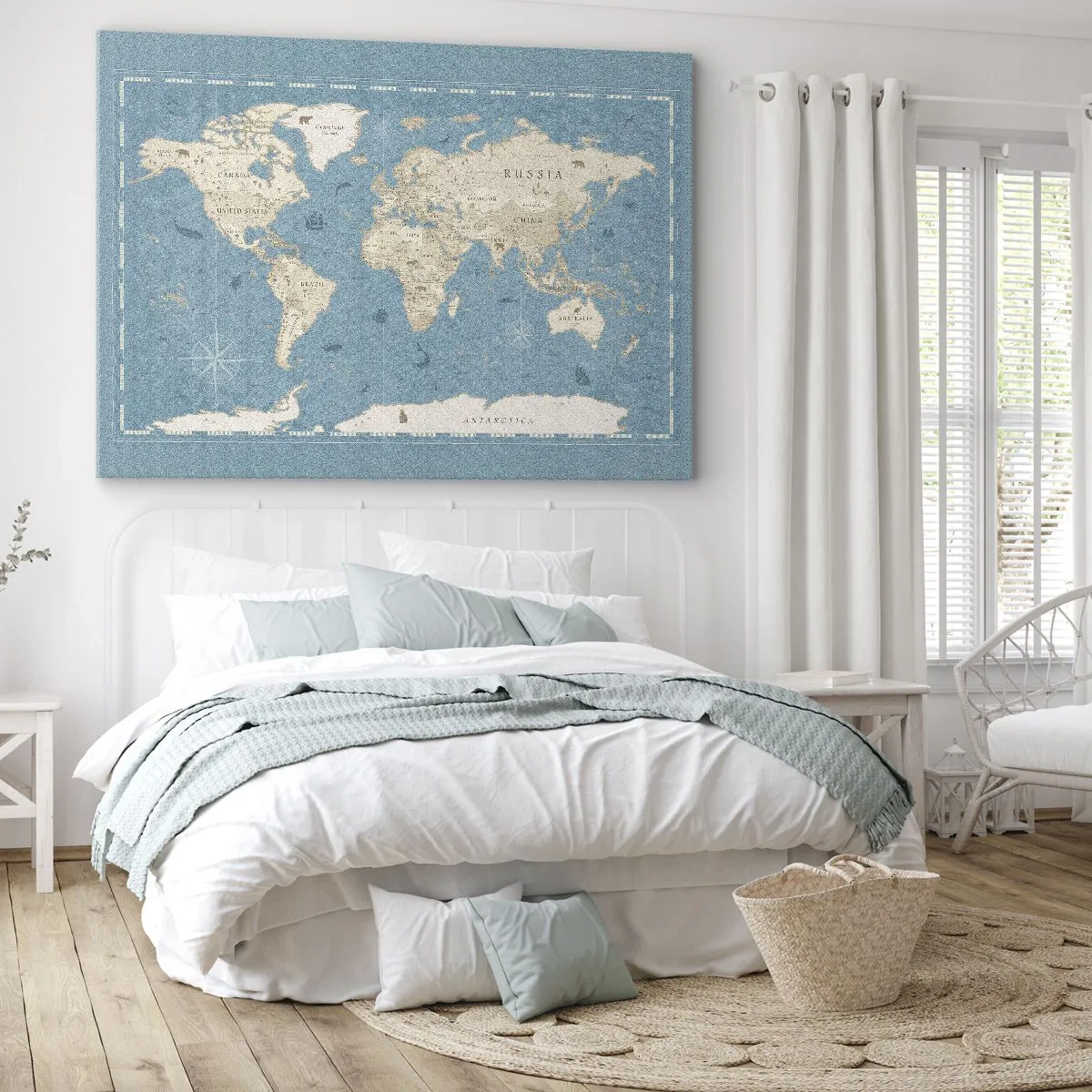 Canvas picture - Decorative world map in shades of blue and beige - 70x50cm - World Within Your Fingertips - Modern wall decoration for the living room and bedroom ARTTOR