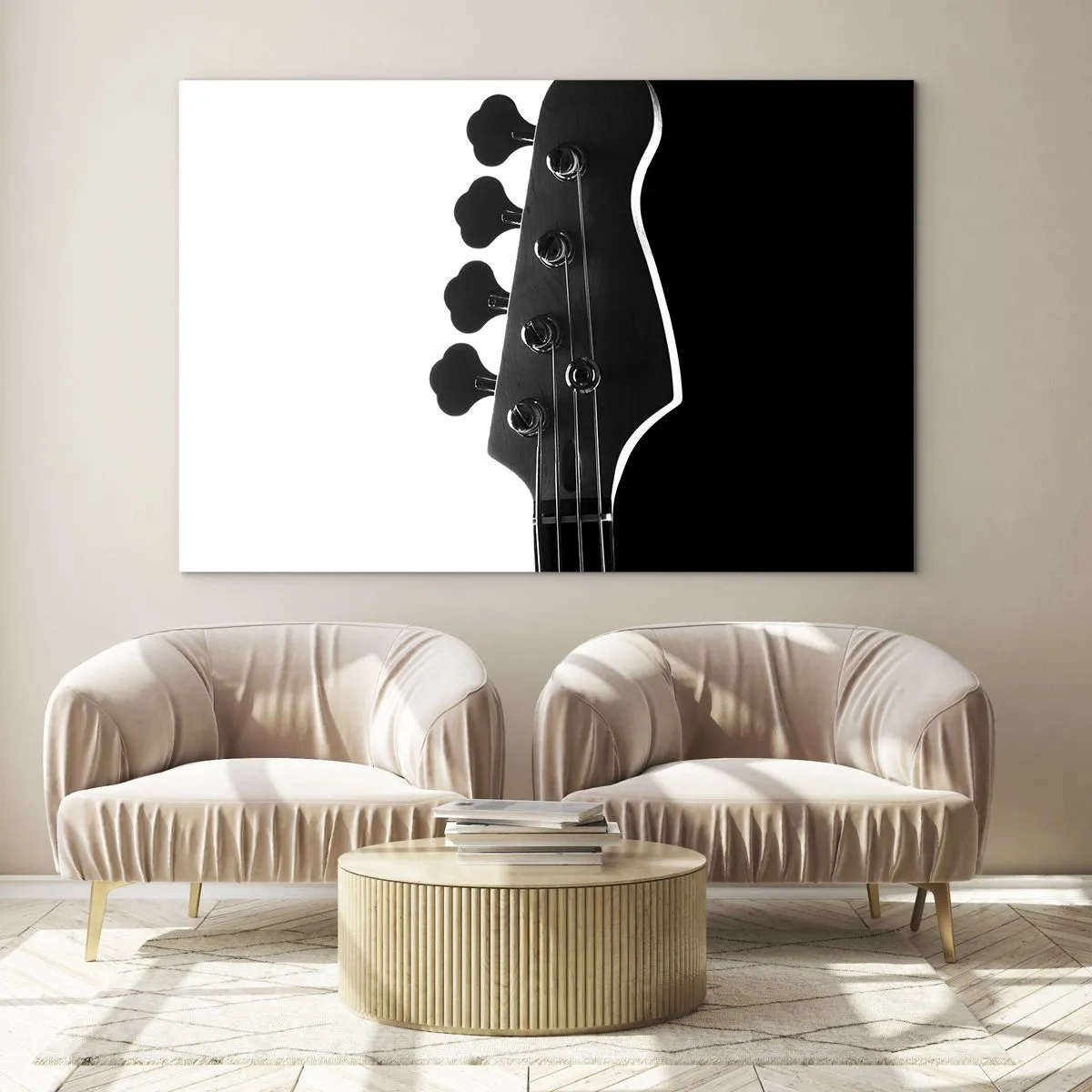 Glass picture - Black and white bass guitar headstock with shadow - 70x50cm - Rock Silence - Modern wall decoration for the living room and bedroom ARTTOR