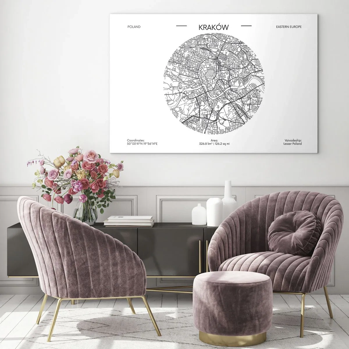 Glass picture - A map of Krakow in a black and white illustration style - 70x50cm - Anatomy of Crocow - Modern wall decoration for the living room and bedroom ARTTOR
