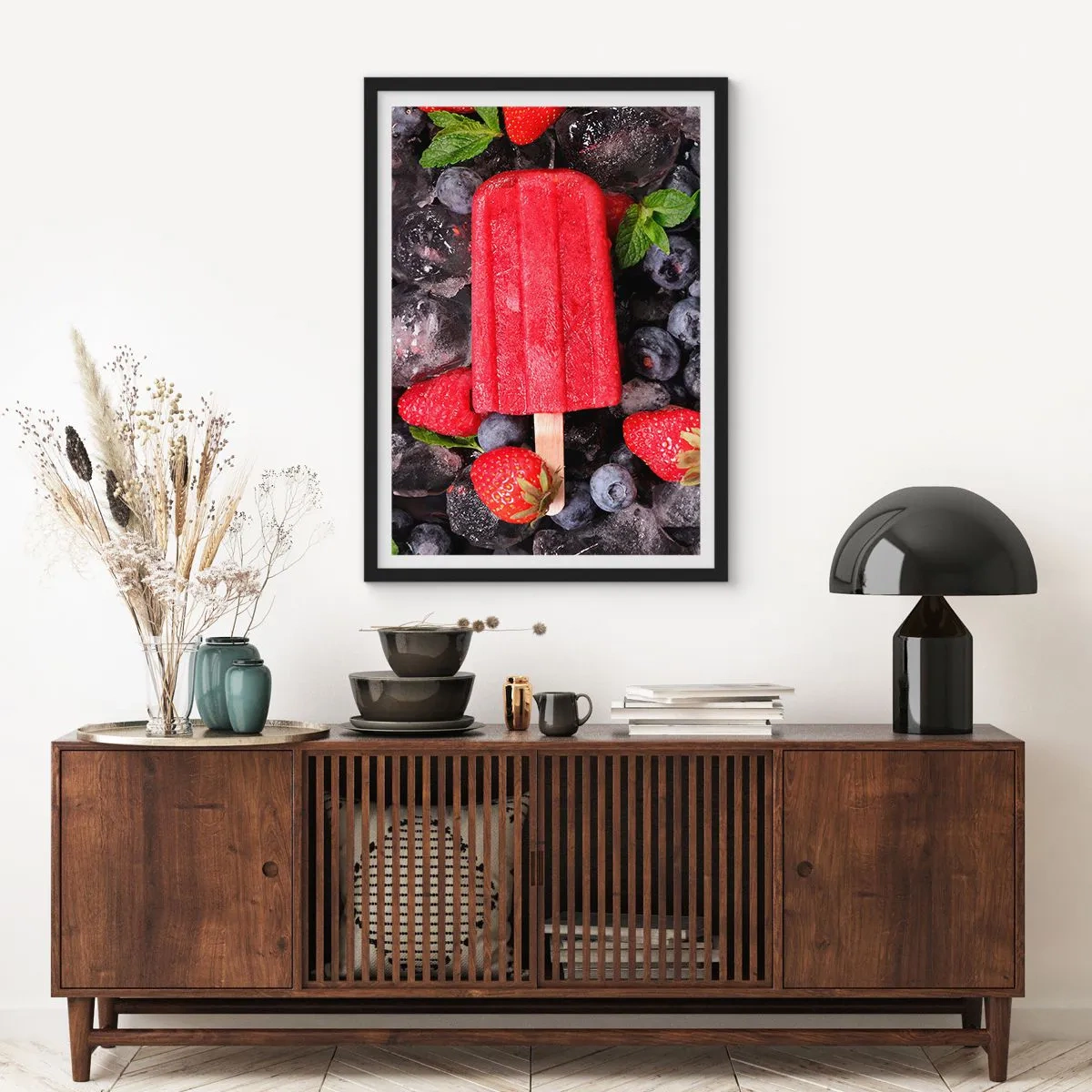 Poster in black frame - Red ice cream sorbet on a stick surrounded by strawberries and blueberries - 50x70cm - Flavour of Hot Summer - Modern wall decoration for the living room and bedroom ARTTOR