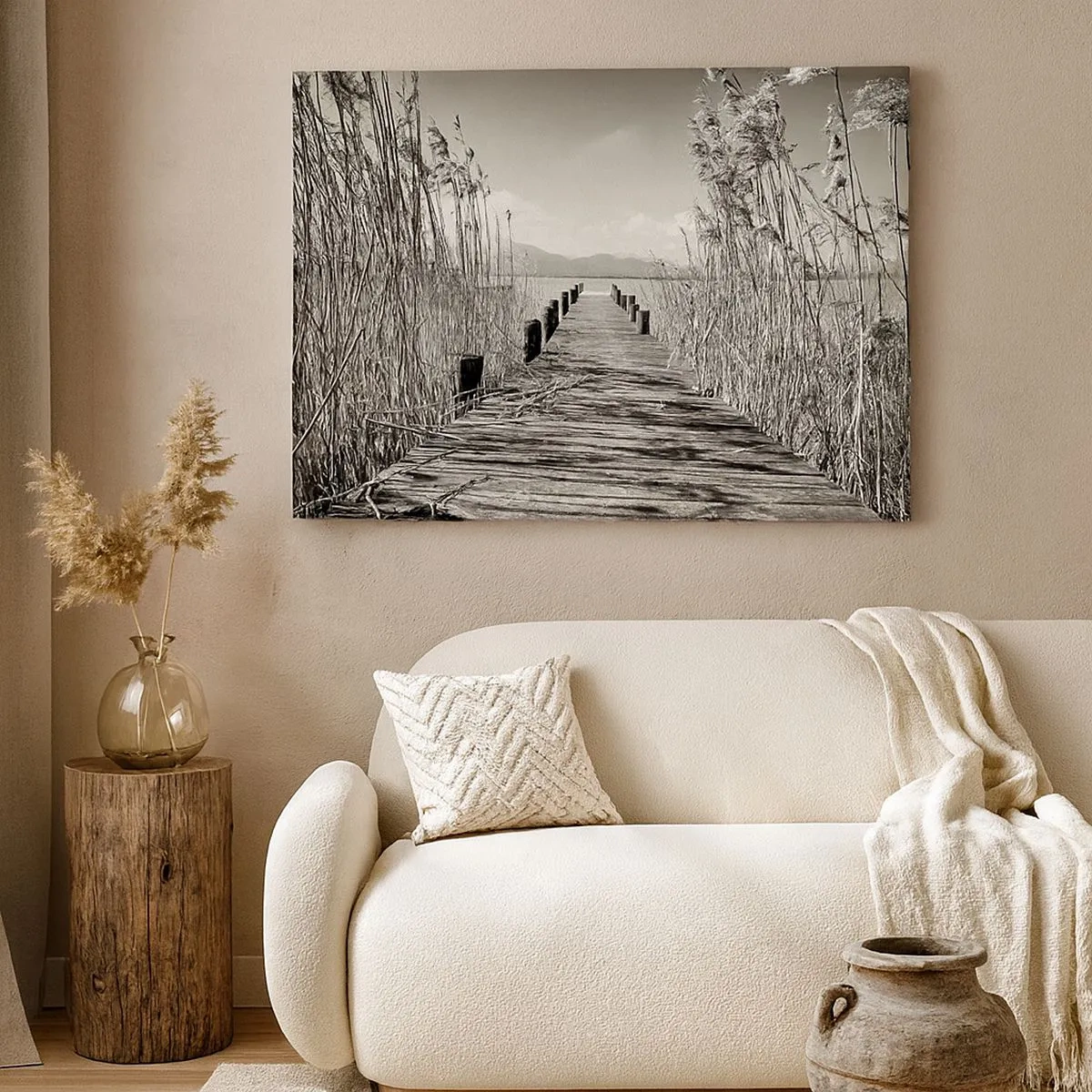 Canvas picture - A wooden jetty among tall grasses over a sepia-toned lake - 70x50cm - In the Grass - Modern wall decoration for the living room and bedroom ARTTOR