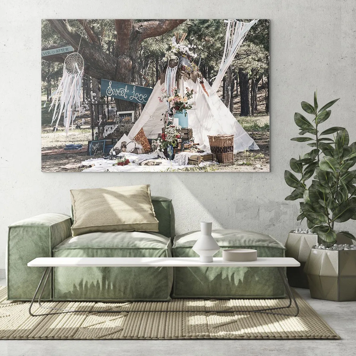 Glass picture - Boho outdoor decoration with a tipi and flowers in the forest - 70x50cm - Make Love… - Modern wall decoration for the living room and bedroom ARTTOR