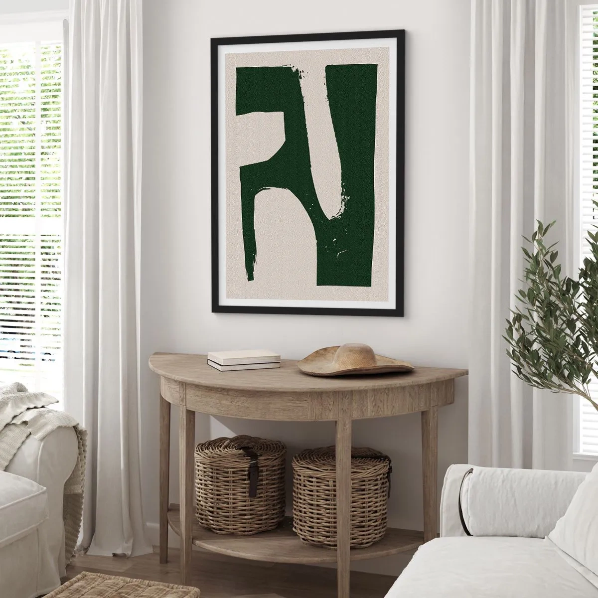 Poster in black frame - Minimalist abstraction in green and beige - 50x70cm - Whiteness of the Bay - Modern wall decoration for the living room and bedroom ARTTOR
