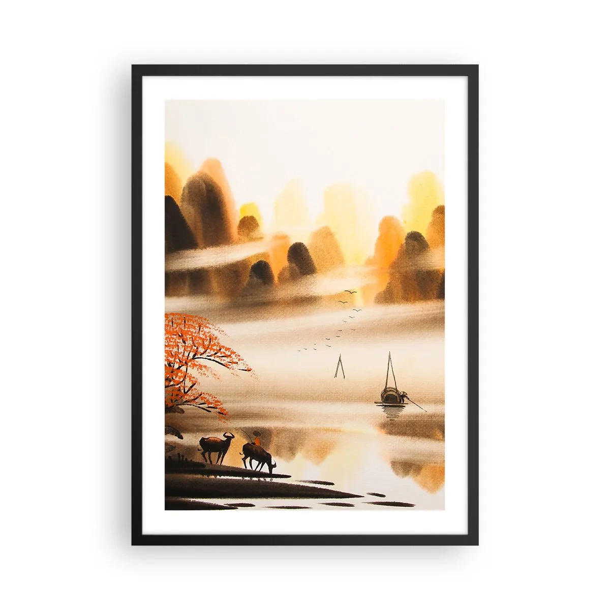 Poster in black frame - Oriental mountain landscape in the fog with a boat and animals - 50x70cm - Further than Far East - Modern wall decoration for the living room and bedroom ARTTOR