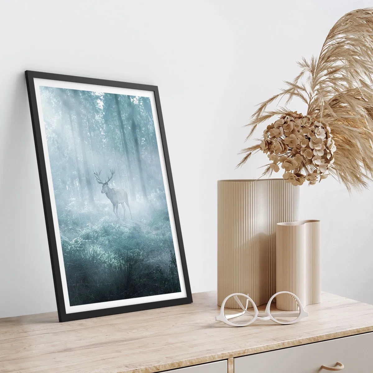 Poster in black frame - Deer in the morning fog in the forest - 50x70cm - Morning Round of the Estate - Modern wall decoration for the living room and bedroom ARTTOR