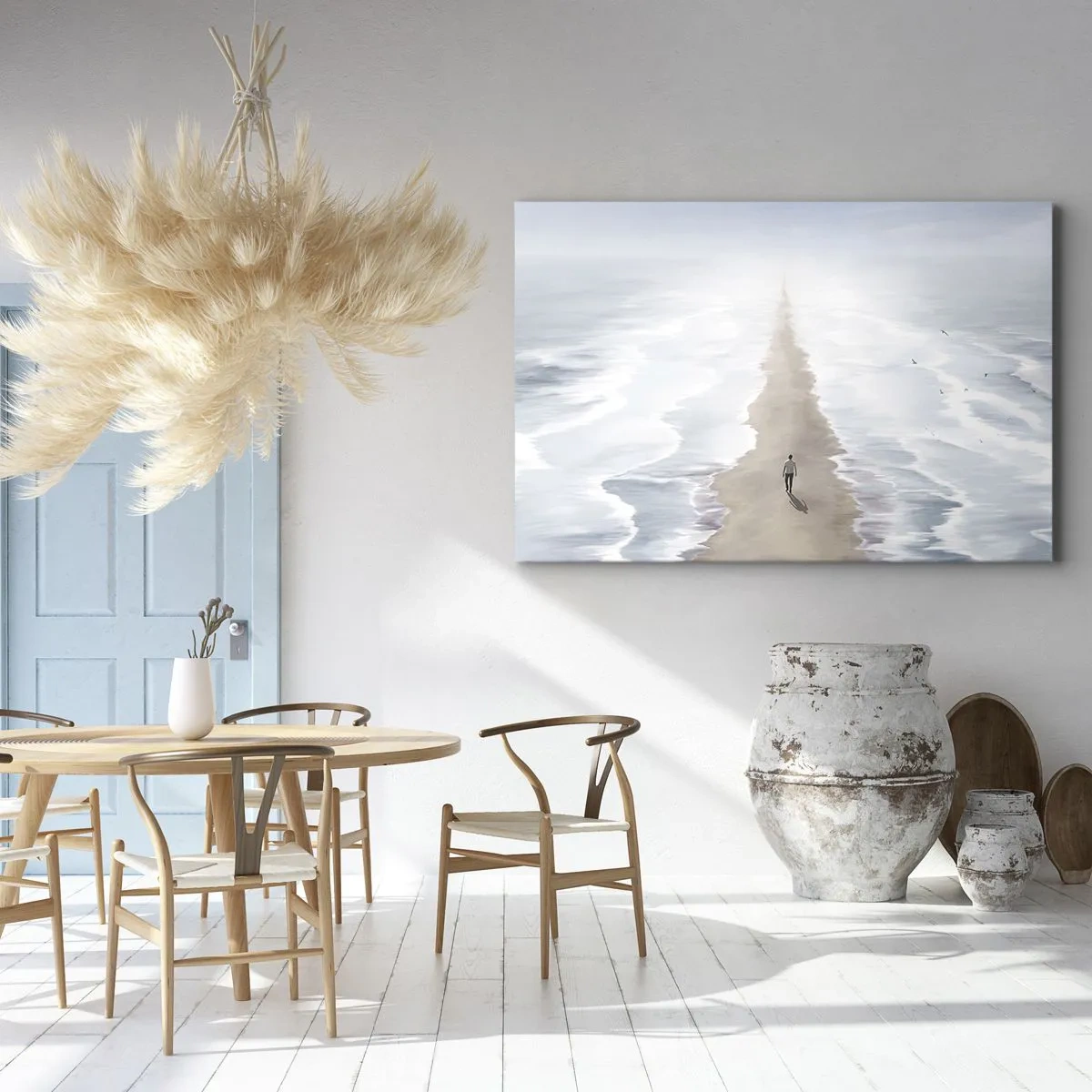 Canvas picture - A figure on a lonely road amidst a vast water landscape - 70x50cm - Bright Future - Modern wall decoration for the living room and bedroom ARTTOR