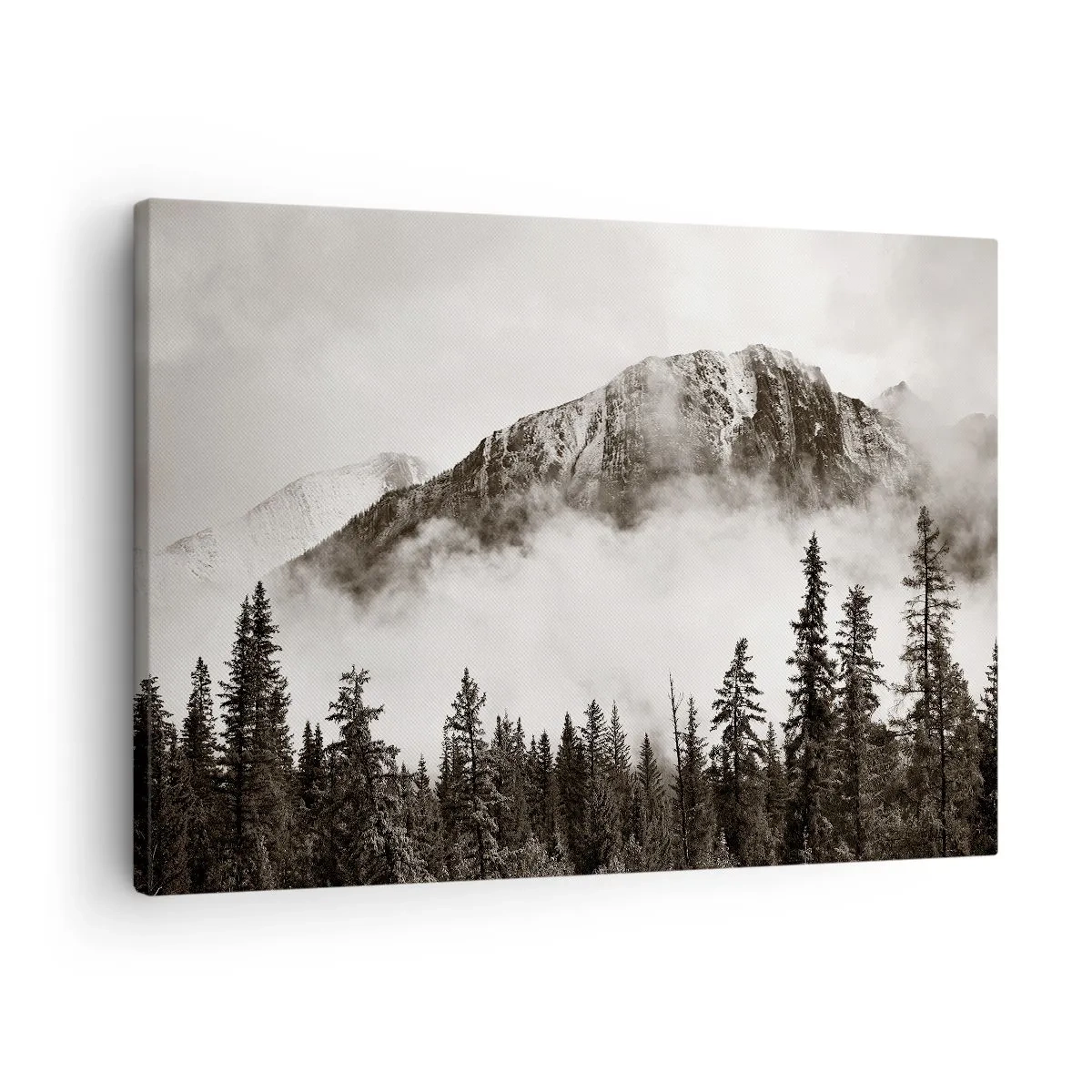 Canvas picture - A picturesque mountain peak surrounded by fog and a sepia-toned forest - 70x50cm - Granite Ruler - Modern wall decoration for the living room and bedroom ARTTOR