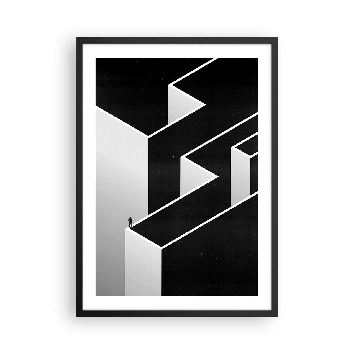 Poster in black frame - A minimalist maze in black and white - 50x70cm - Solitude at the Top - Modern wall decoration for the living room and bedroom ARTTOR