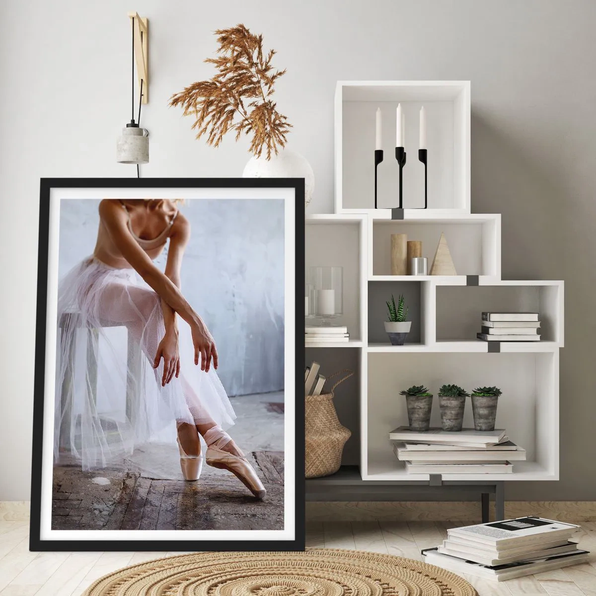 Poster in black frame - A ballerina in a delicate pose against an industrial background - 50x70cm - Before the Ramp Lights Are On - Modern wall decoration for the living room and bedroom ARTTOR