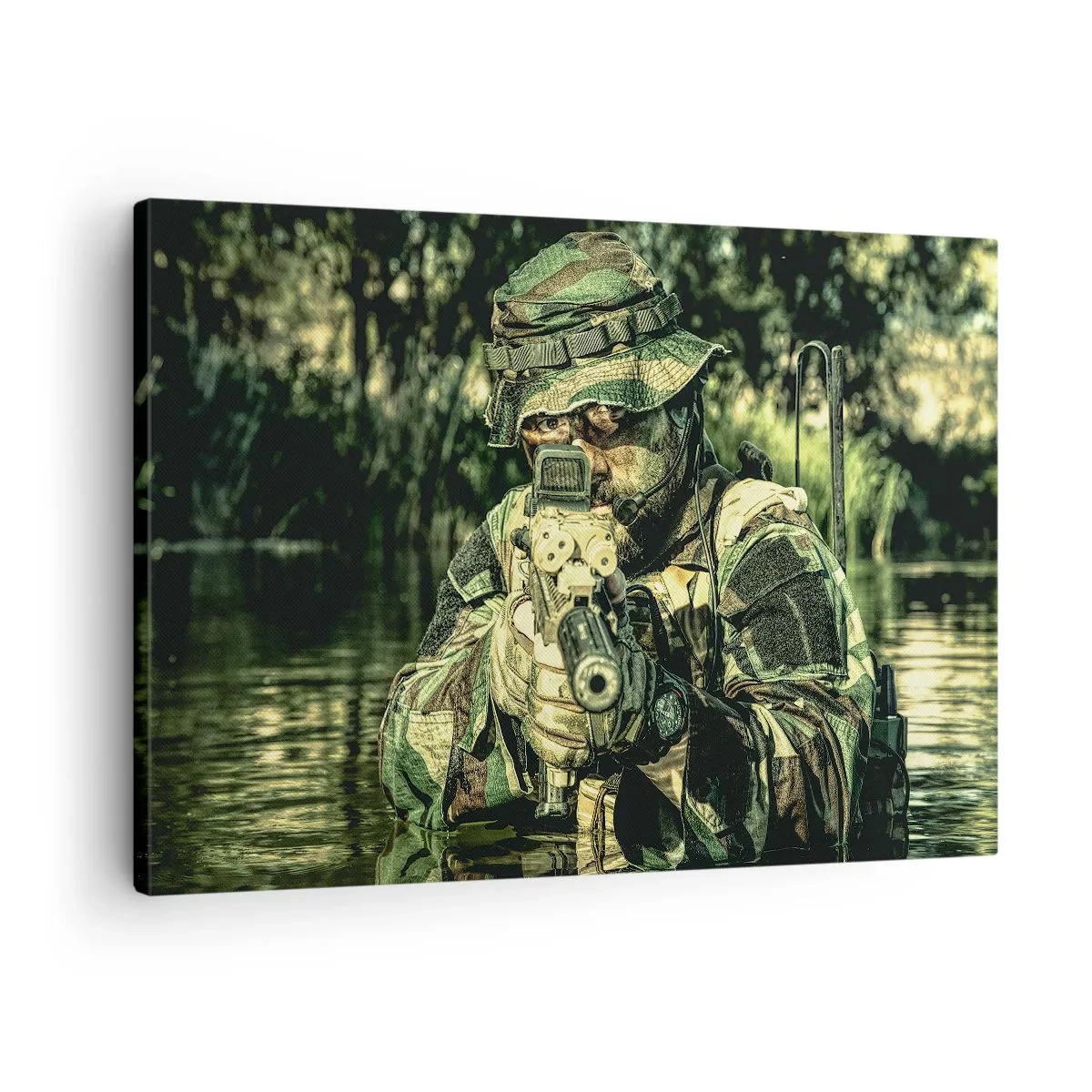 Canvas picture - A soldier in camouflage aims through the water. - 70x50cm - Best of the Best - Modern wall decoration for the living room and bedroom ARTTOR