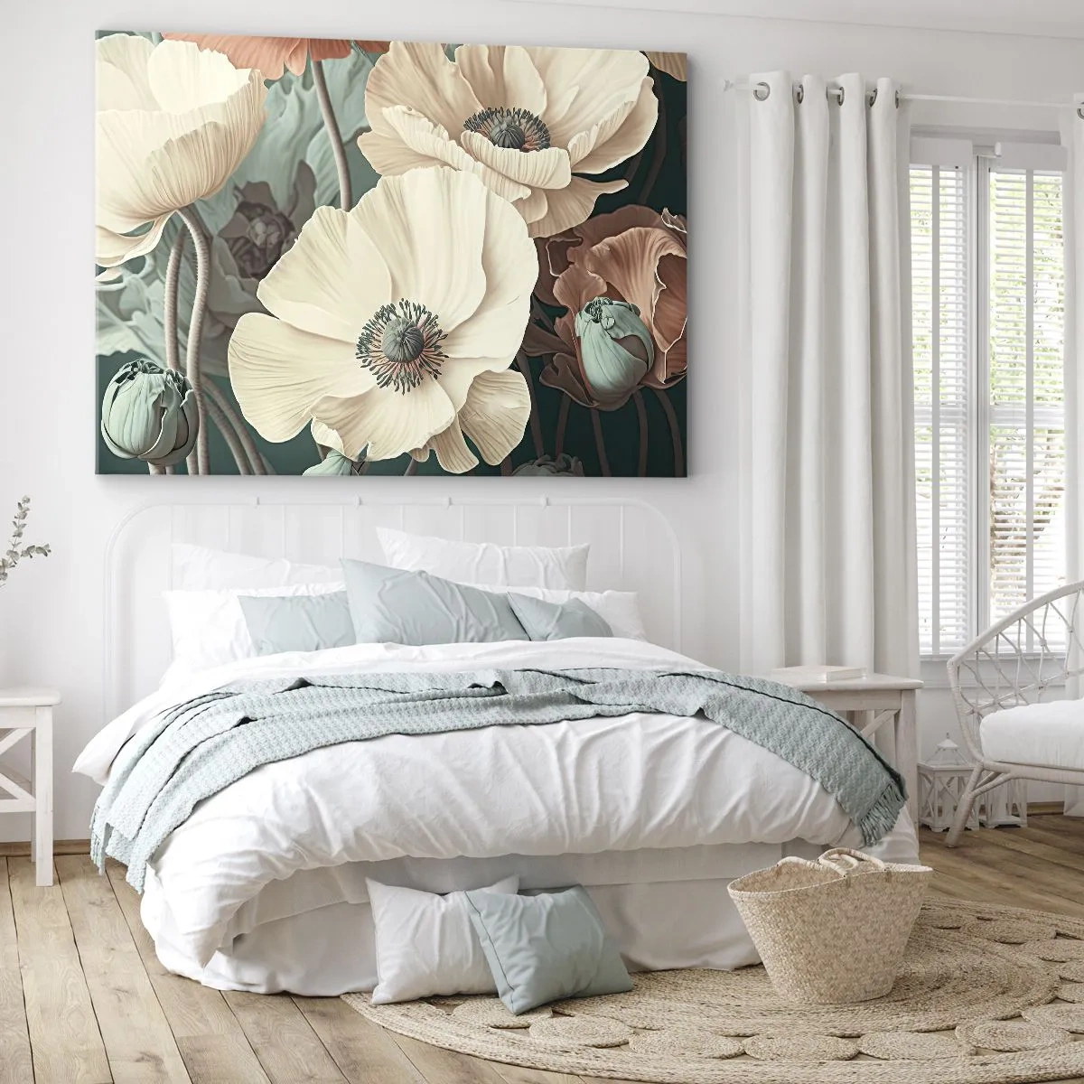 Canvas picture - Elegant flowers in pastel shades on a green background - 70x50cm - Whisper of the Poppies - Modern wall decoration for the living room and bedroom ARTTOR