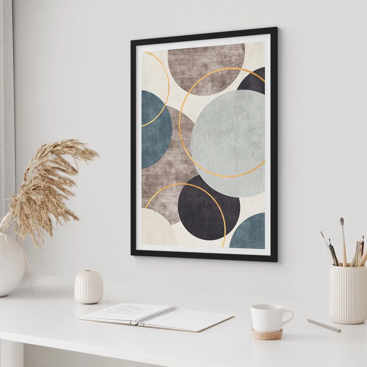 Poster in black frame - Abstract geometric composition with circles in shades of blue. - 50x70cm - Wheel after Wheel - Modern wall decoration for the living room and bedroom ARTTOR