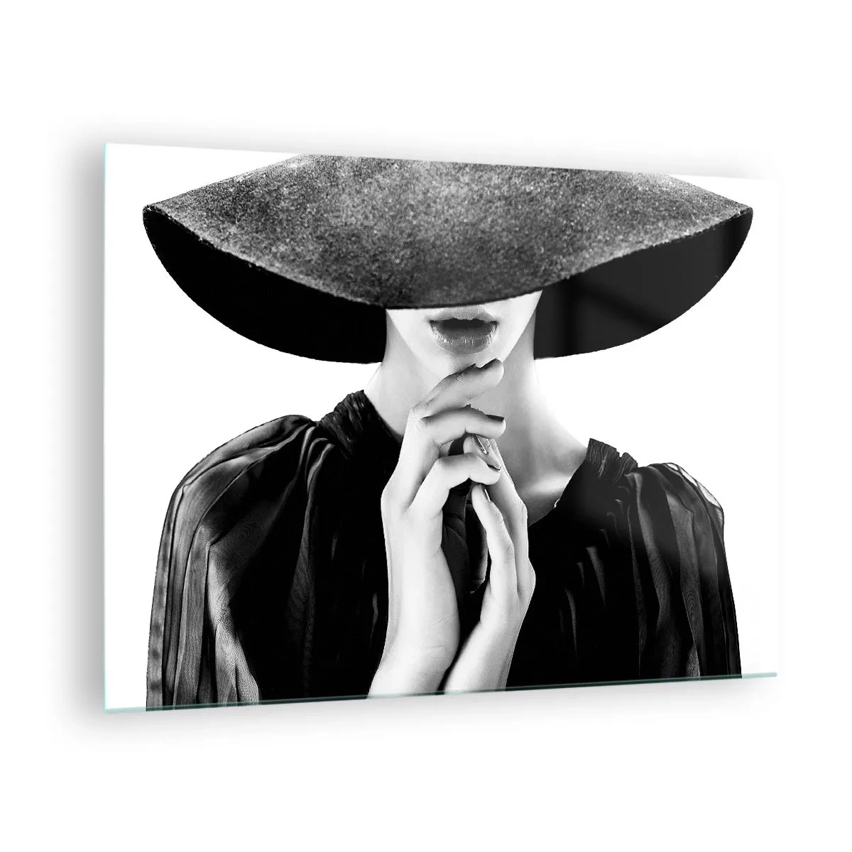 Glass picture - Stylish woman in black with a hat covering her face - 70x50cm - Hidden Beauty - Modern wall decoration for the living room and bedroom ARTTOR