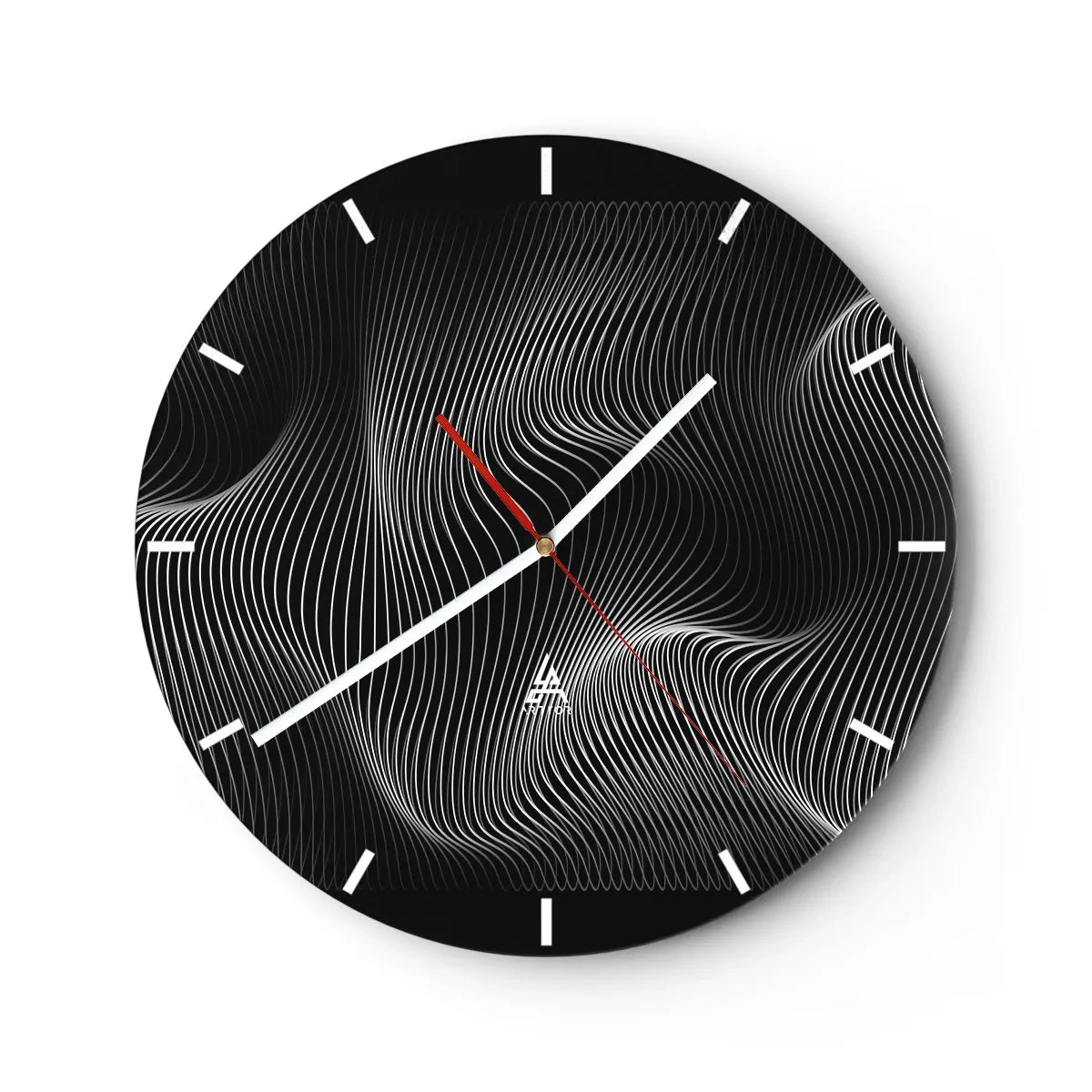Wall clock - Clock on glass - Hypnotizing white lines on a black background creating an optical wave. - 30x30cm - Dance of the Light in Space - Modern wall decoration for the living room, kitchen, and bedroom ARTTOR