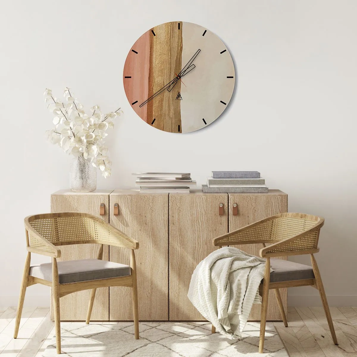 Wall clock - Clock on glass - Vertical stripes in shades of beige, wood and terracotta - 30x30cm - Vertical Composition - Modern wall decoration for the living room, kitchen, and bedroom ARTTOR