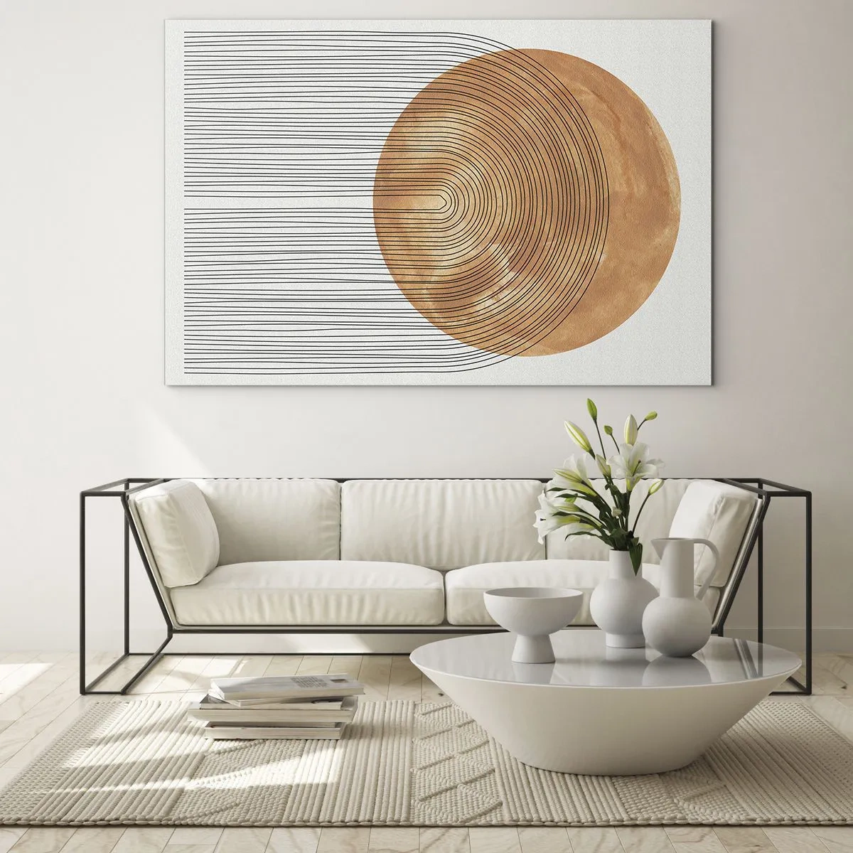Glass picture - Geometric form with concentric lines and a golden circle - 70x50cm - Sunny Composition - Modern wall decoration for the living room and bedroom ARTTOR