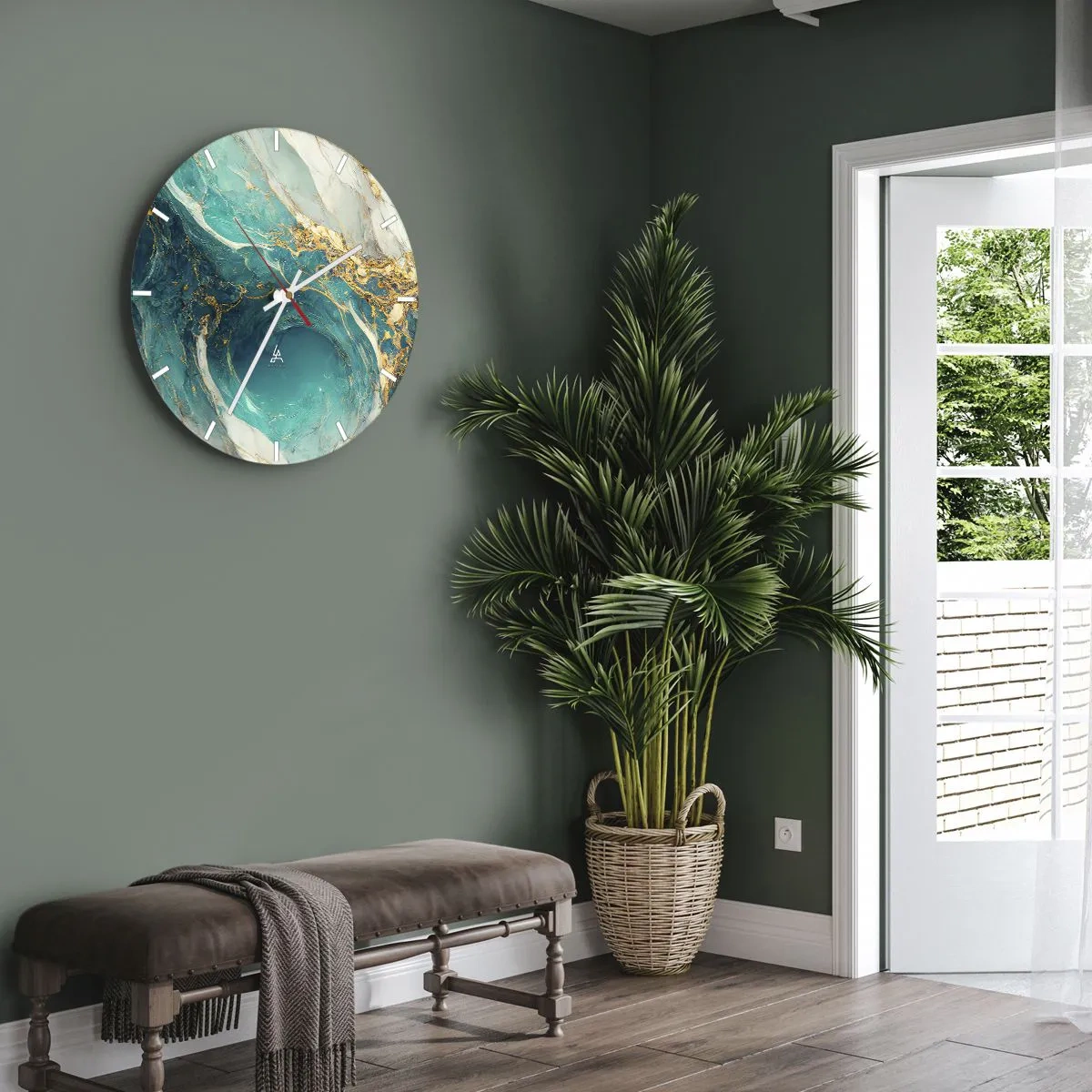 Wall clock - Clock on glass - Turquoise abstract with swirling gold pattern - 30x30cm - Composition with Veins of Gold - Modern wall decoration for the living room, kitchen, and bedroom ARTTOR