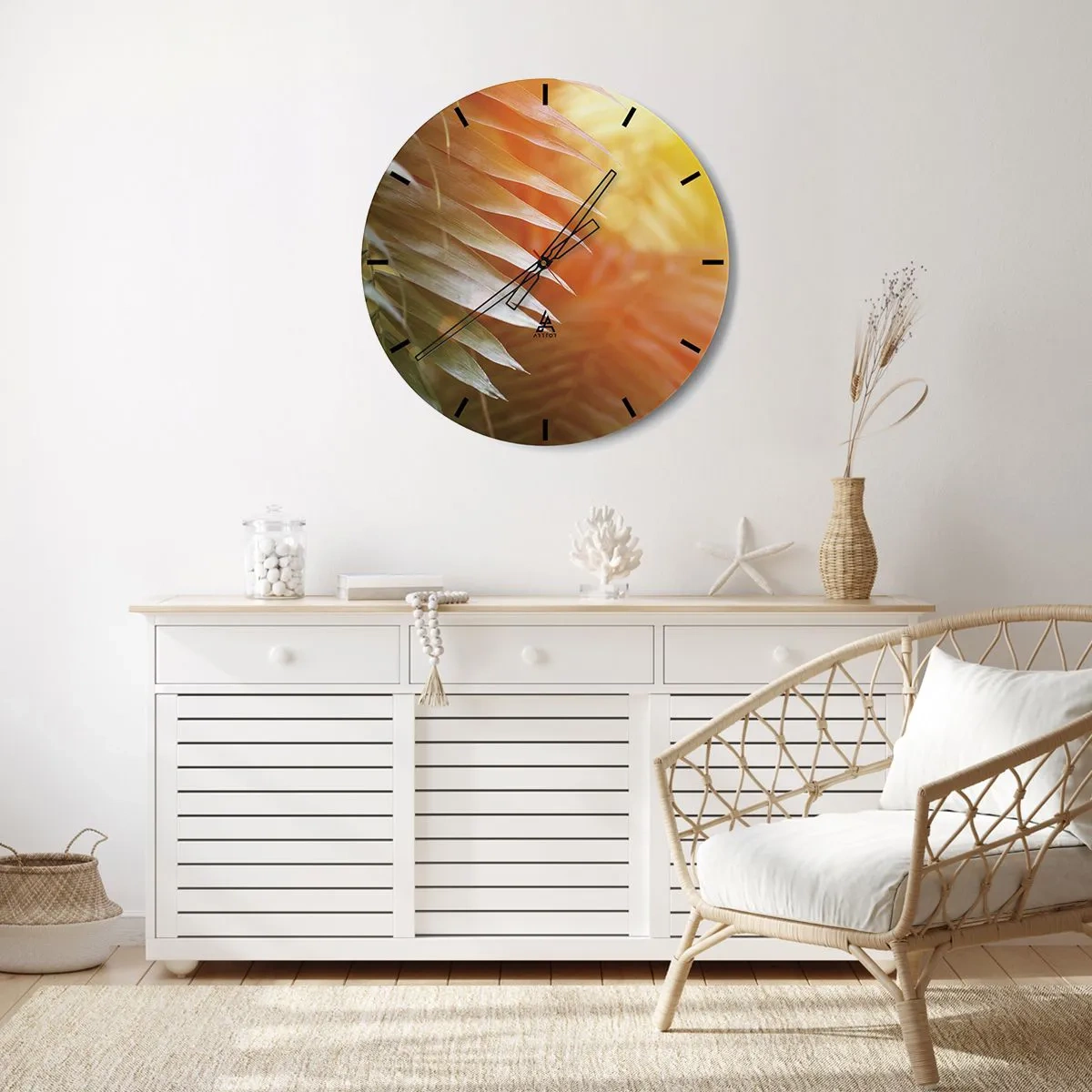 Wall clock - Clock on glass - A close-up of palm leaves in warm shades of orange. - 30x30cm - Morning in the Jungle - Modern wall decoration for the living room, kitchen, and bedroom ARTTOR