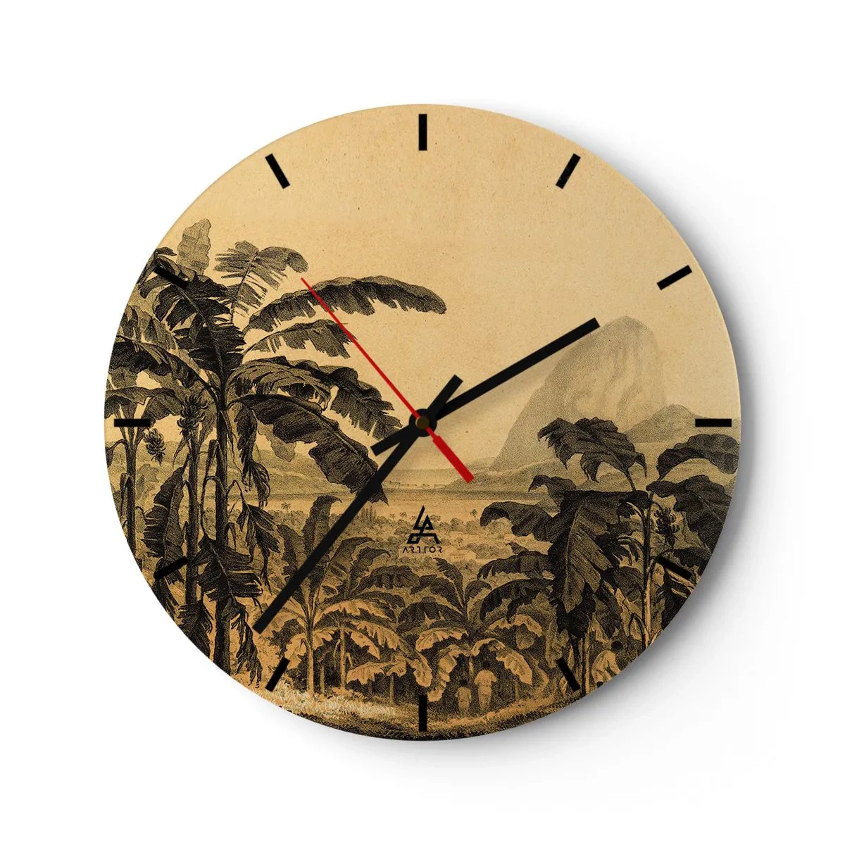 Wall clock - Clock on glass - Bananas and a retro tropical landscape - 30x30cm - In Colonial Character - Modern wall decoration for the living room, kitchen, and bedroom ARTTOR