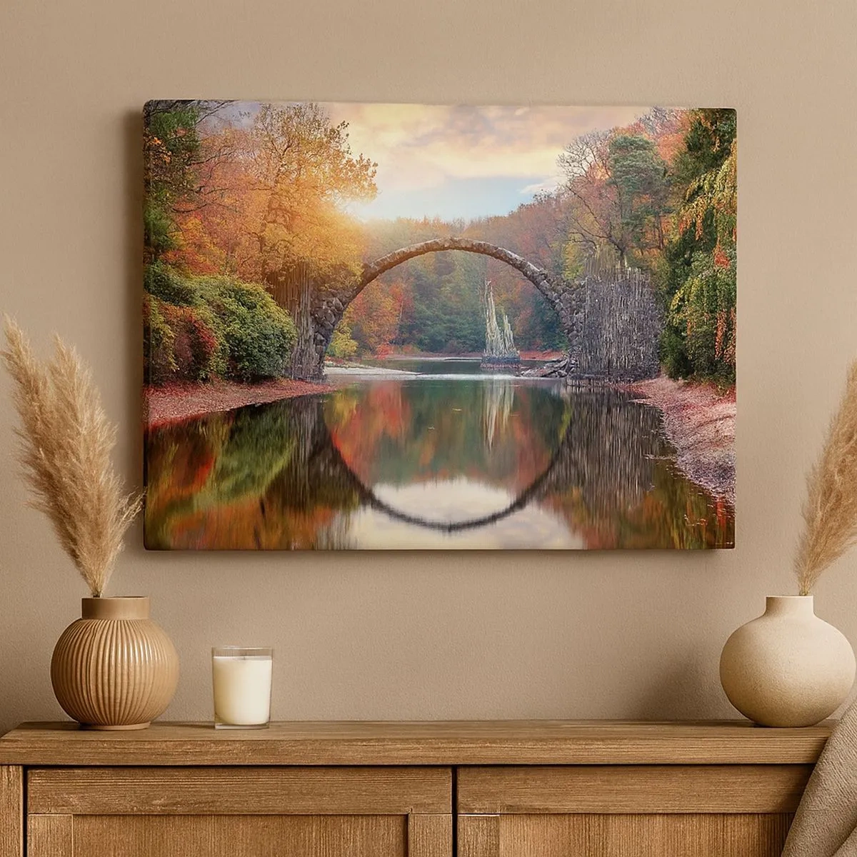 Canvas picture - stone bridge in an autumn scenery over calm water - 70x50cm - On the Other Side of a Mirror - Modern wall decoration for the living room and bedroom ARTTOR