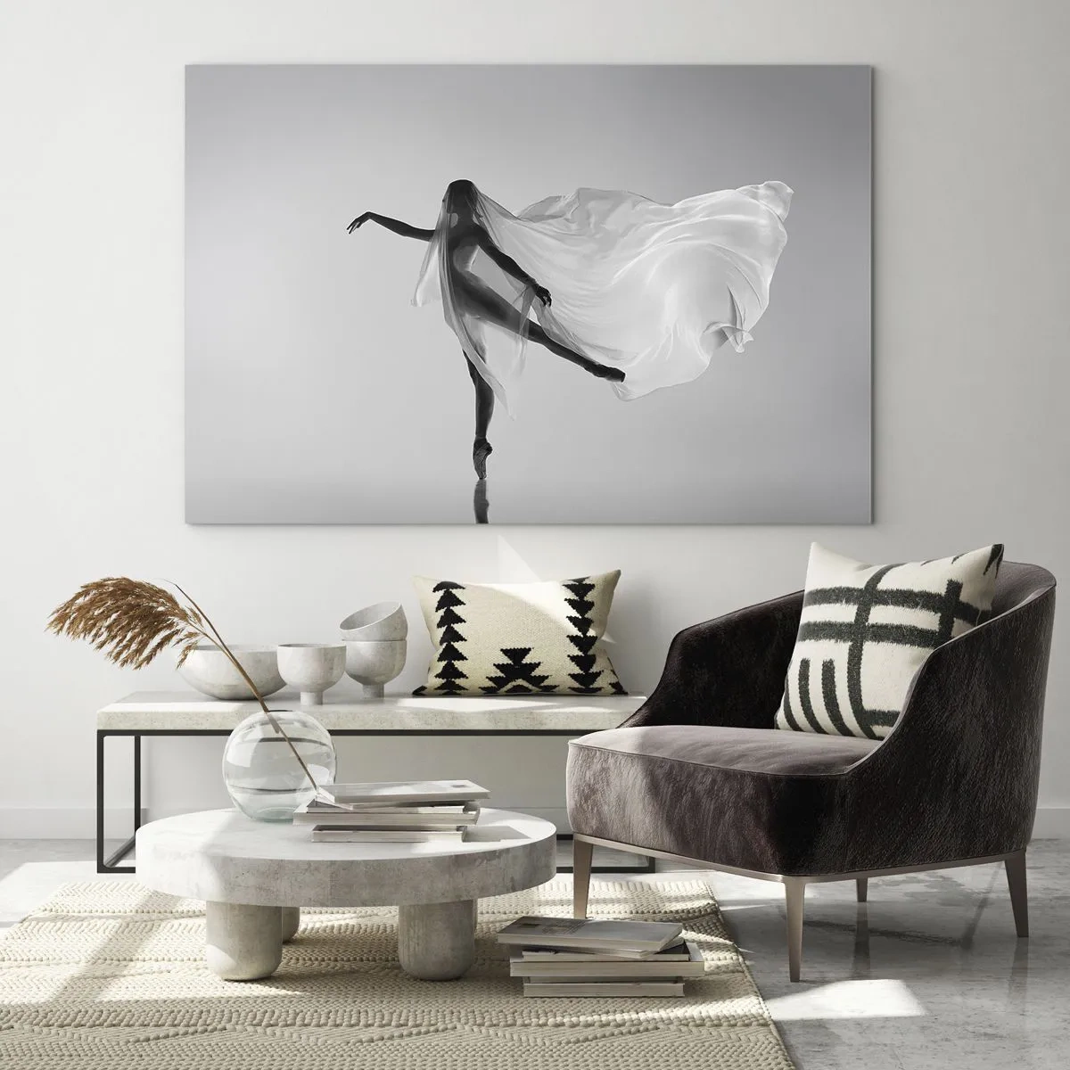 Glass picture - Silhouette of a dancer with a floating veil in motion - 70x50cm - Lightness and Grace - Modern wall decoration for the living room and bedroom ARTTOR