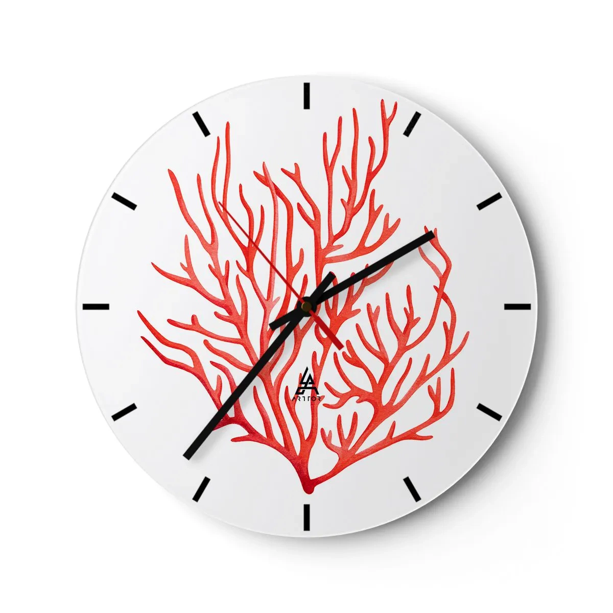Wall clock - Clock on glass - Red drawing of coral on a white background - 30x30cm - Coral Filigree - Modern wall decoration for the living room, kitchen, and bedroom ARTTOR