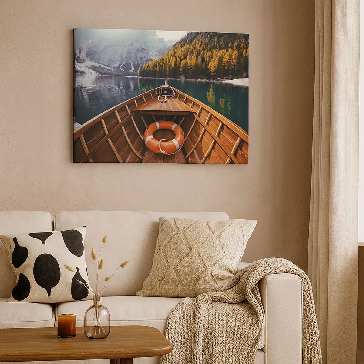 Canvas picture - A wooden boat on a mountain lake surrounded by forest - 70x50cm - Mountain Hike - Modern wall decoration for the living room and bedroom ARTTOR