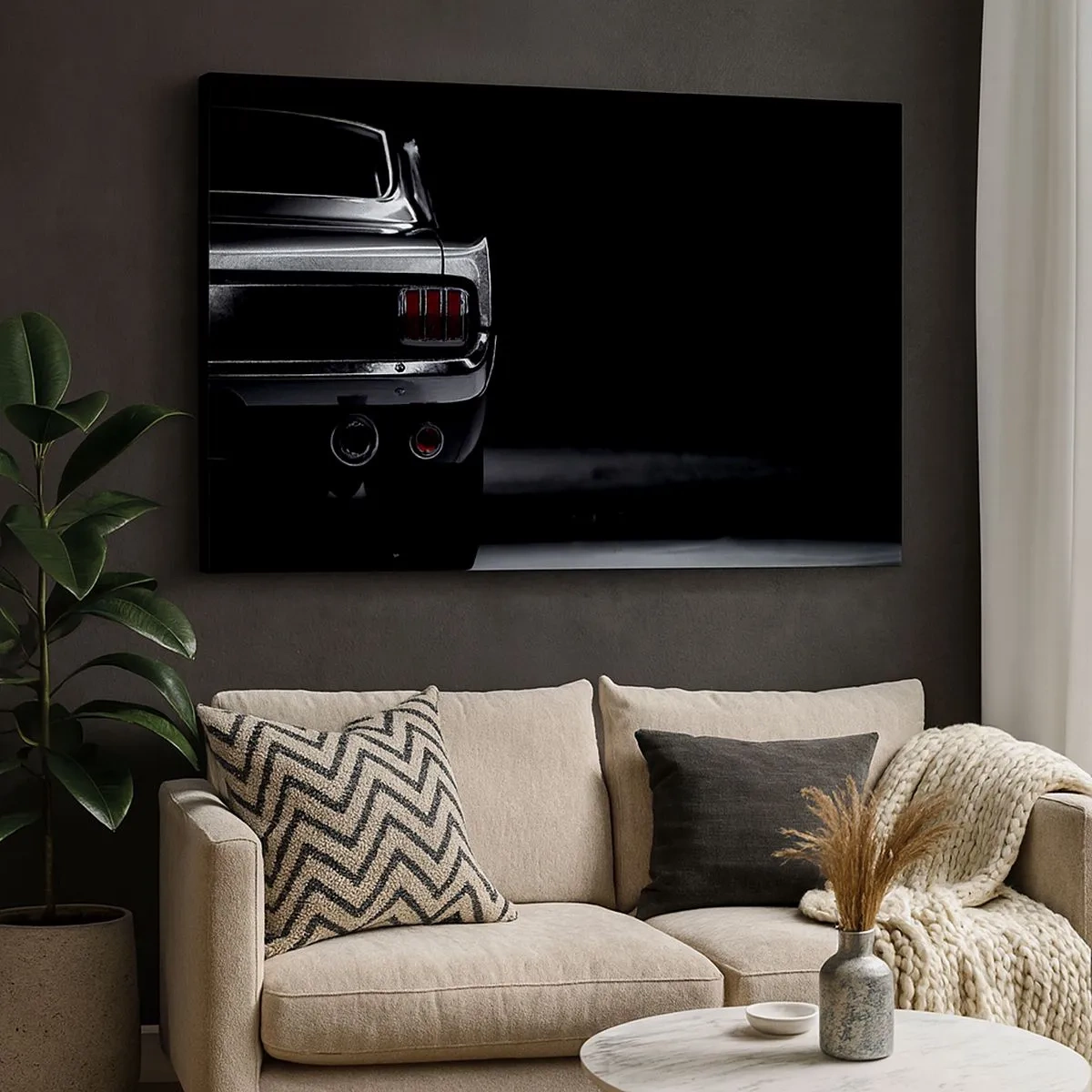 Canvas picture - A black and white image of the rear of a classic car against a dark background. - 70x50cm - Charm of the Classic - Modern wall decoration for the living room and bedroom ARTTOR