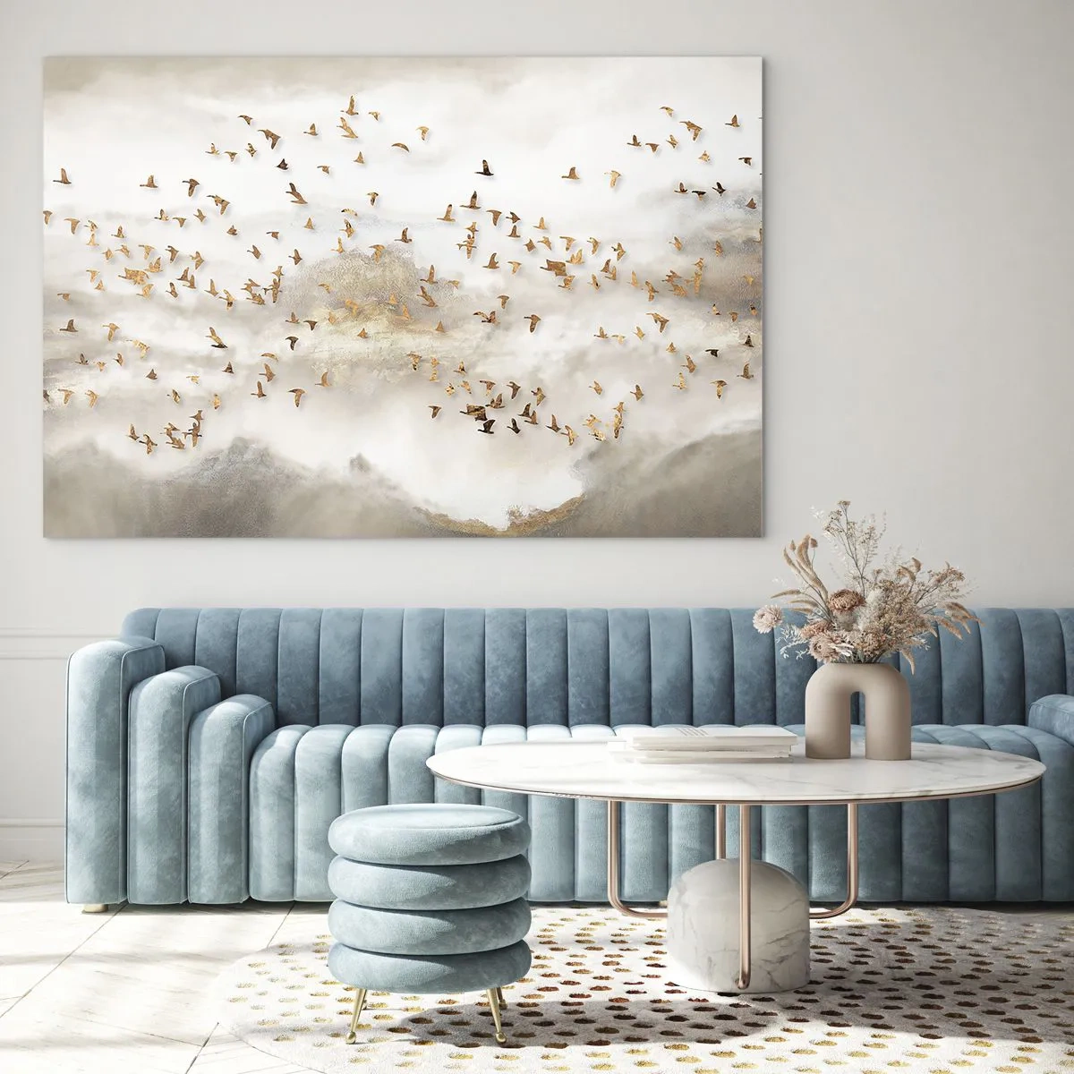 Glass picture - A flock of birds flying over a misty landscape - 70x50cm - It Is Time - Modern wall decoration for the living room and bedroom ARTTOR