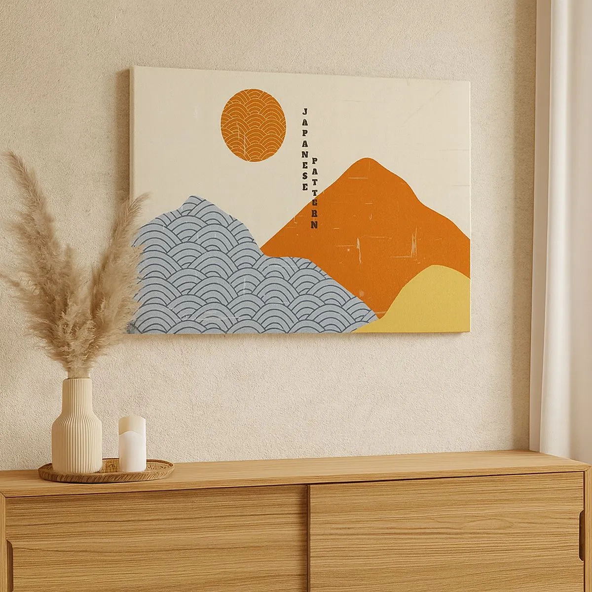 Canvas picture - Japanese patterns with mountains, sun and minimalist style - 70x50cm - In the Japanese Spirit - Modern wall decoration for the living room and bedroom ARTTOR