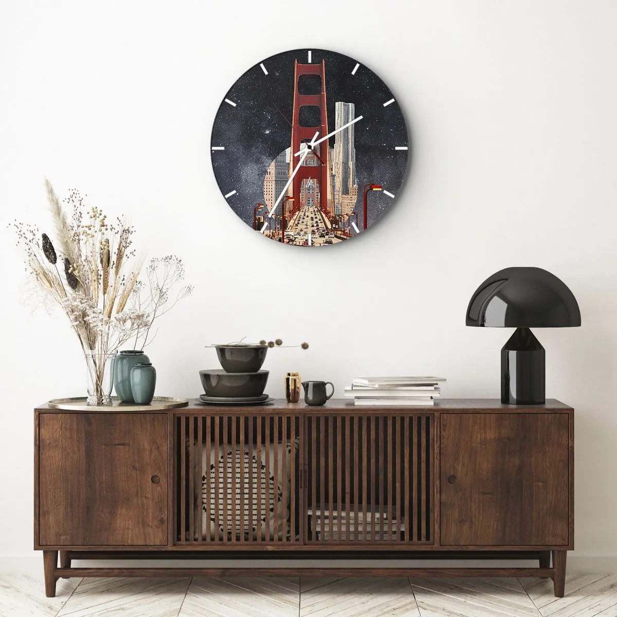 Wall clock - Clock on glass - The city bridge in the light of street lamps against the background of the starry sky - 30x30cm - Always in the Centre - Modern wall decoration for the living room, kitchen, and bedroom ARTTOR
