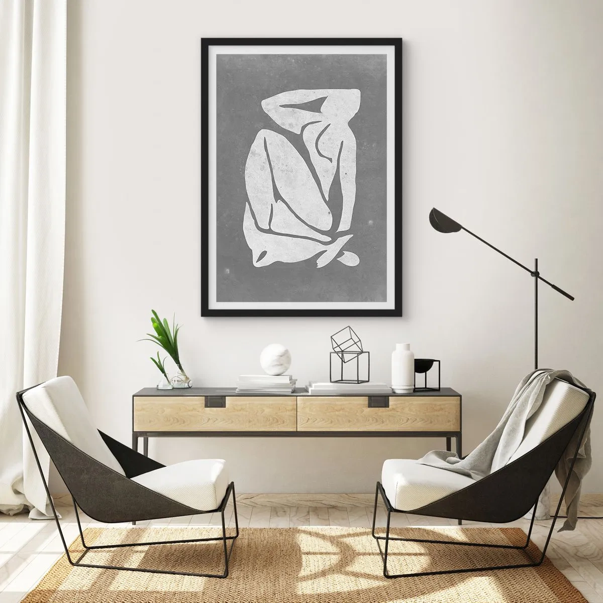 Poster in black frame - A minimalist silhouette of a woman in shades of gray - 50x70cm - Lost in Thoughts - Modern wall decoration for the living room and bedroom ARTTOR
