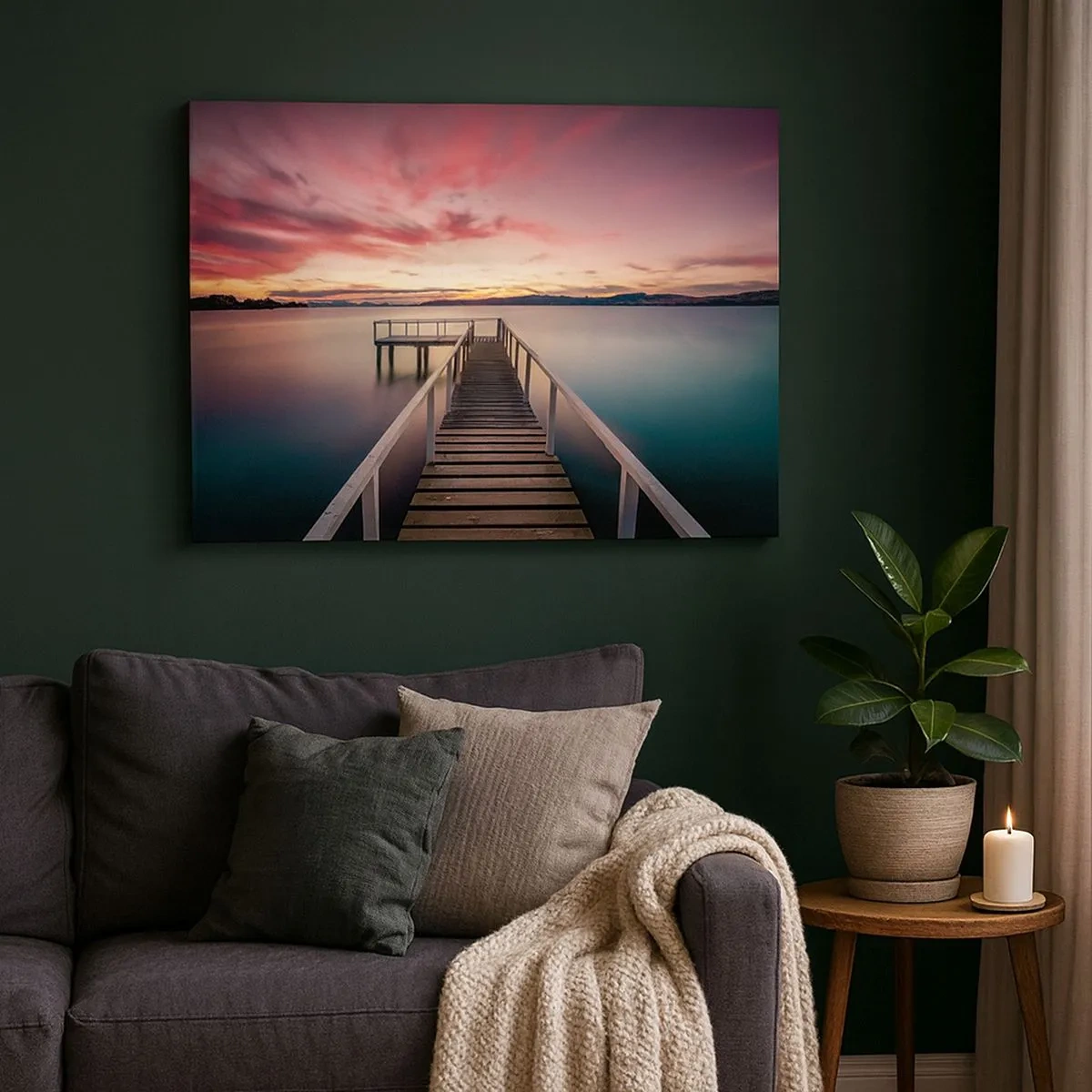 Canvas picture - A jetty leading to a tranquil lake at sunset - 70x50cm - Mild Flame of an Evening - Modern wall decoration for the living room and bedroom ARTTOR