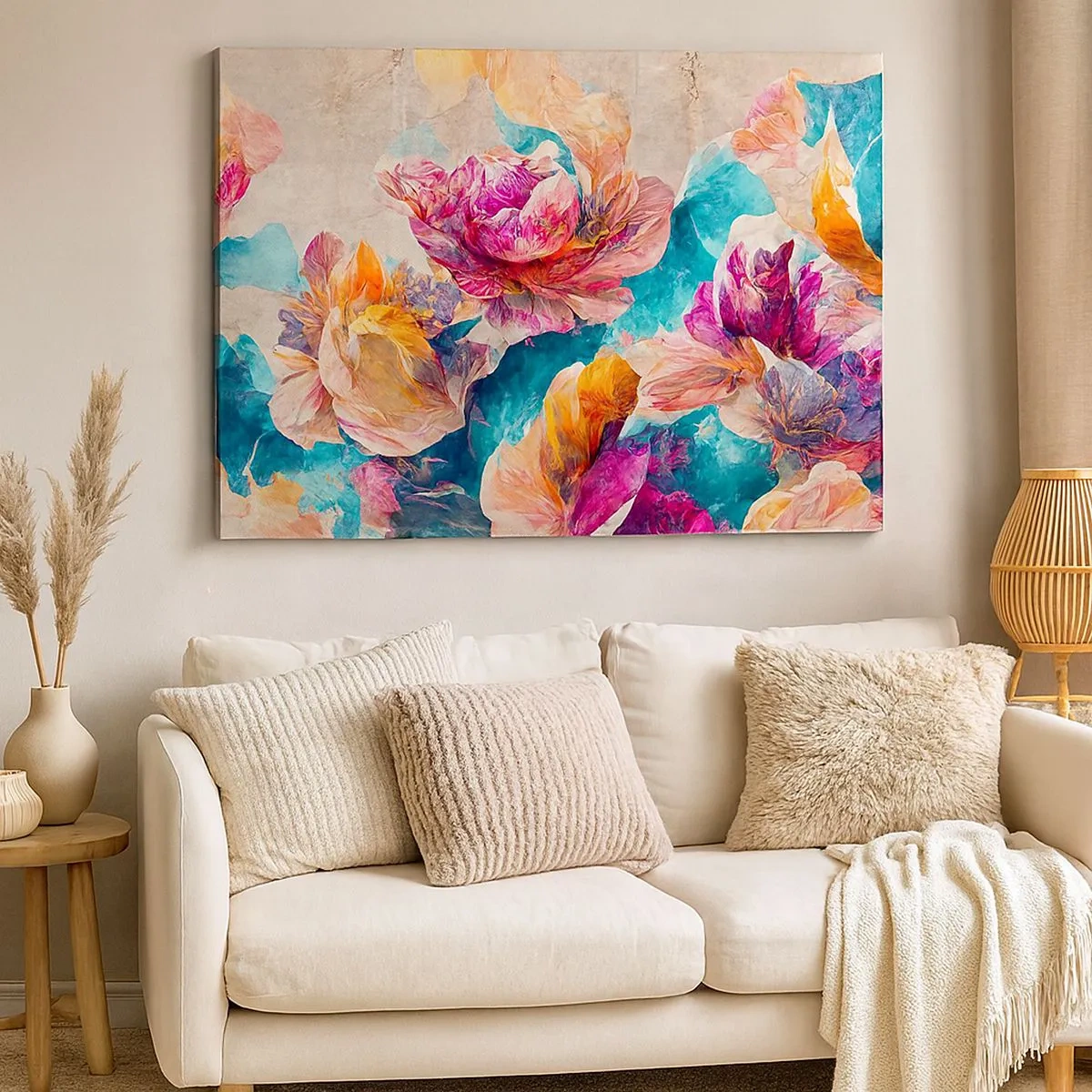 Canvas picture - Colorful flowers on a beige background - 70x50cm - Colourful Splendour of a Bouquet - Modern wall decoration for the living room and bedroom ARTTOR