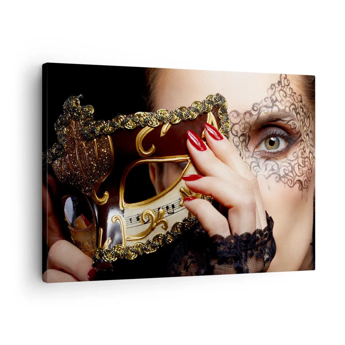 Canvas picture - A woman wearing a Venetian mask decorated with gold and lace. - 70x50cm - My World Is Baroque - Modern wall decoration for the living room and bedroom ARTTOR