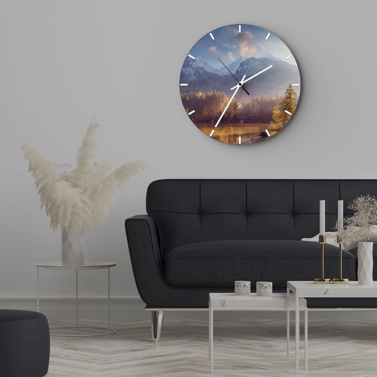 Wall clock - Clock on glass - Mountain landscape at sunset with reflection in the lake - 30x30cm - In the Mountains and Valleys - Modern wall decoration for the living room, kitchen, and bedroom ARTTOR