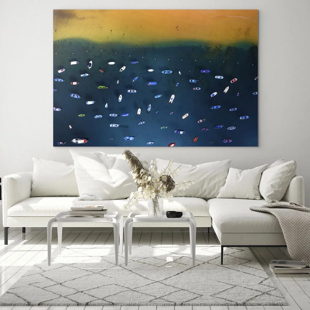 Glass picture - Boats against the backdrop of turquoise water and a golden shore - 70x50cm - Holiday Game - Modern wall decoration for the living room and bedroom ARTTOR