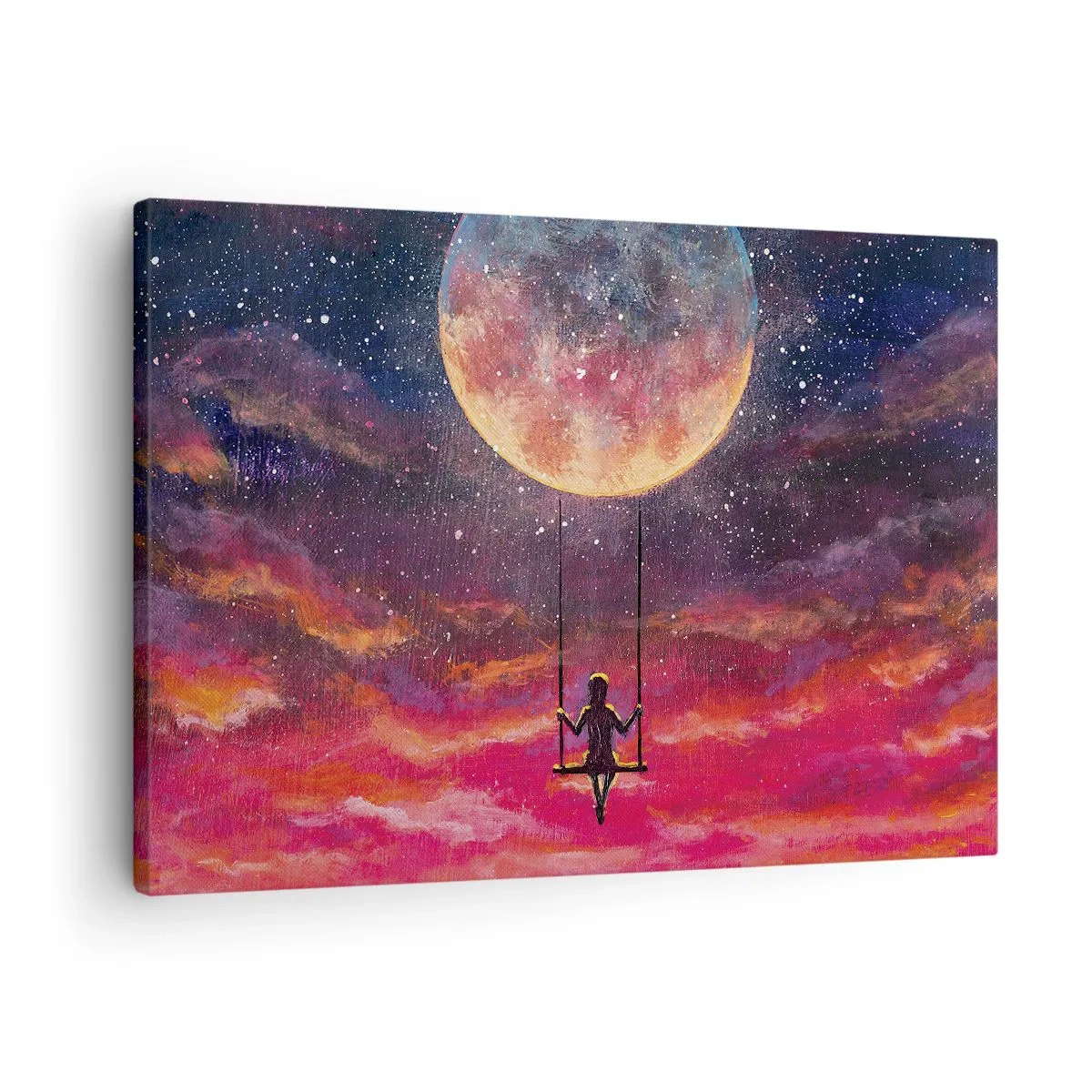 Canvas picture - A figure on a swing suspended against the moon - 70x50cm - Swinging in the Clouds - Modern wall decoration for the living room and bedroom ARTTOR