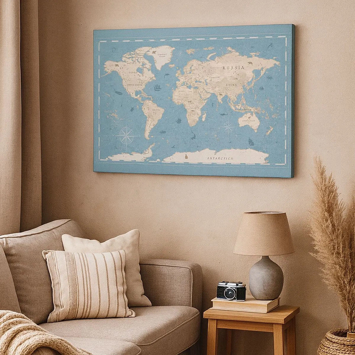 Canvas picture - Decorative world map in shades of blue and beige - 70x50cm - World Within Your Fingertips - Modern wall decoration for the living room and bedroom ARTTOR