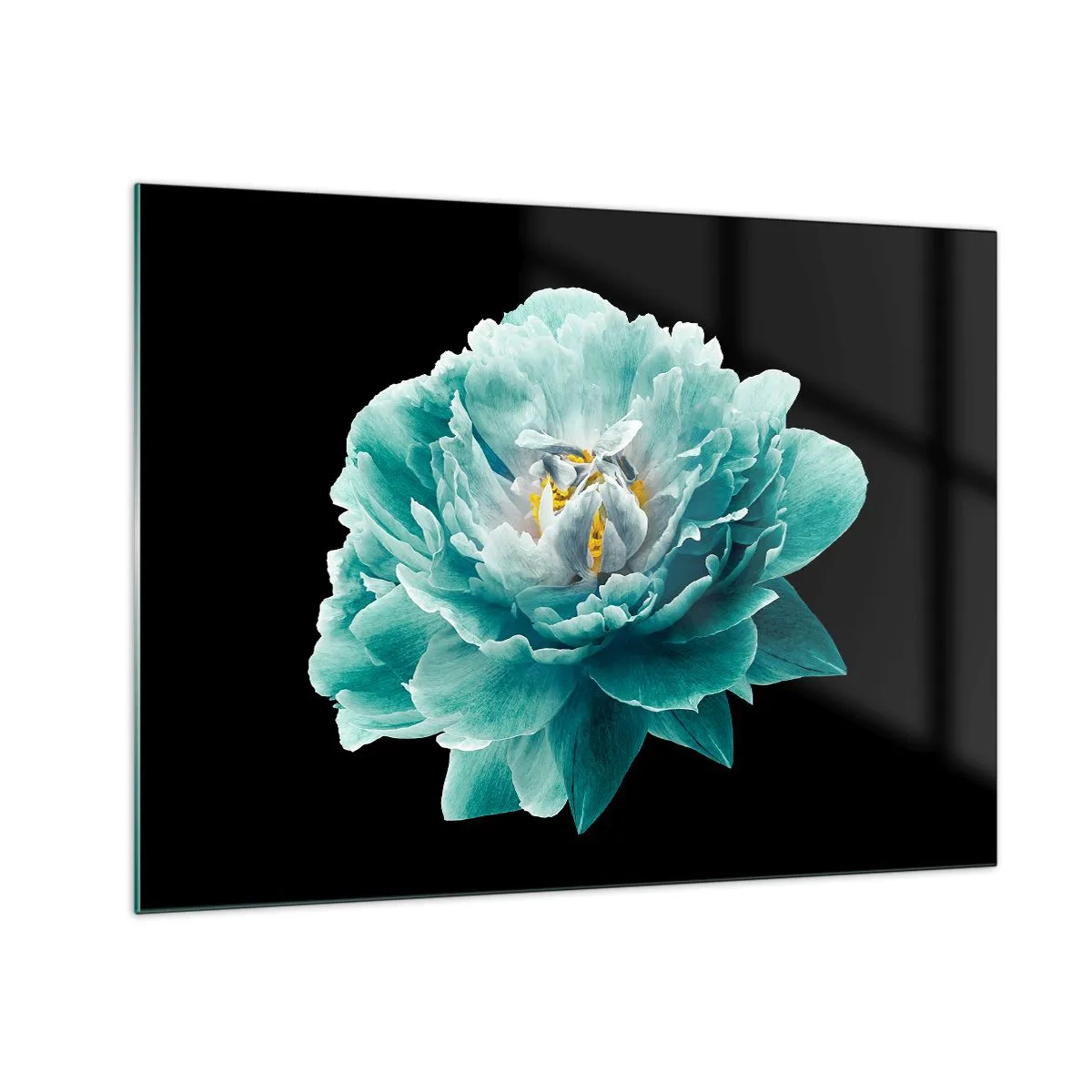 Glass picture - A turquoise flower with a yellow center on a black background in a glamorous style. - 70x50cm - Blue and Gold Petals - Modern wall decoration for the living room and bedroom ARTTOR