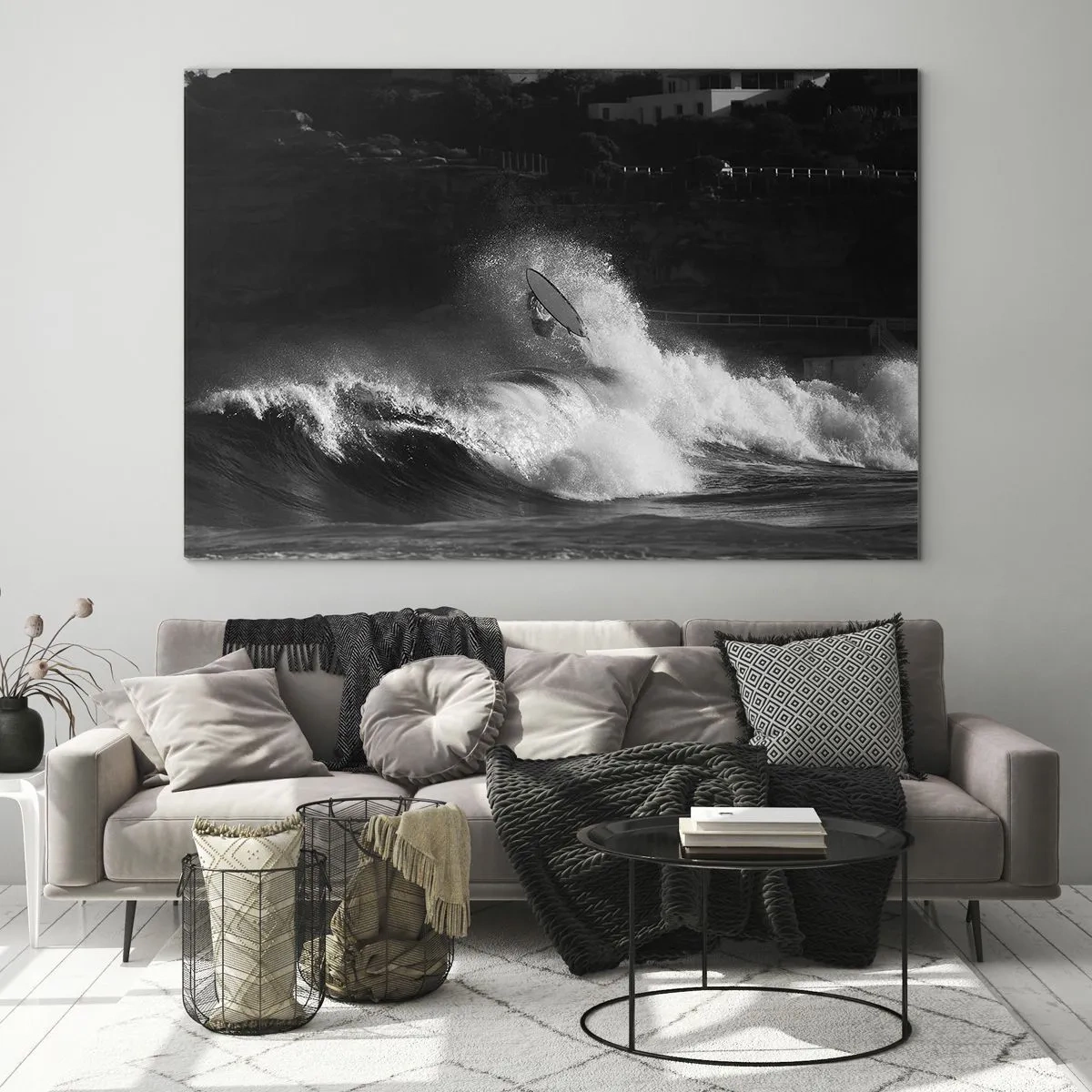 Glass picture - A surfer riding a wave captured in a black and white photograph - 70x50cm - Challenge Accepted! - Modern wall decoration for the living room and bedroom ARTTOR