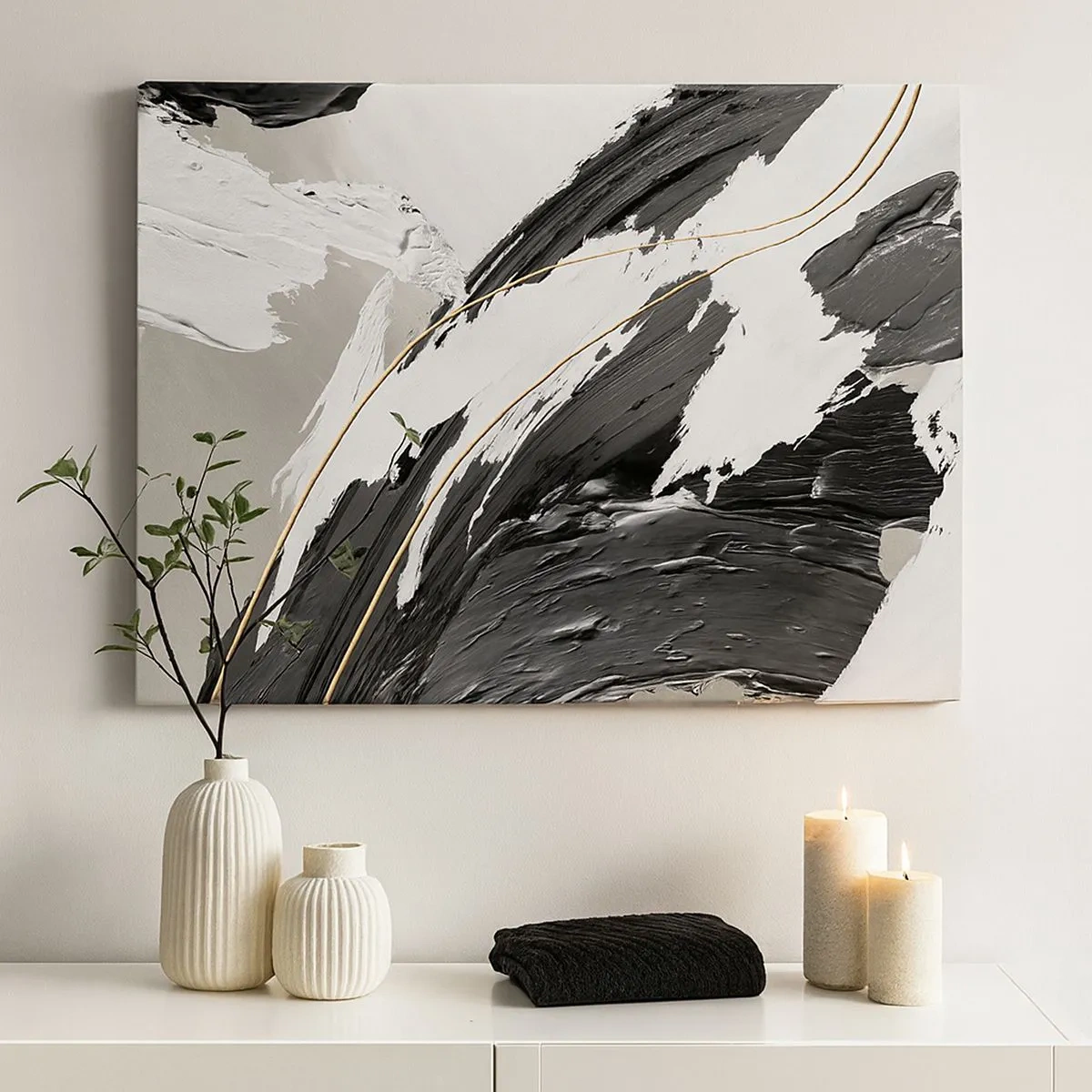 Canvas picture - Black and white paint strokes with a subtle gold accent - 70x50cm - Abstract with Flair - Modern wall decoration for the living room and bedroom ARTTOR