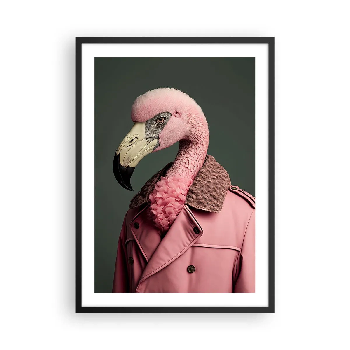 Poster in black frame - A stylish flamingo in an elegant coat - 50x70cm - Real Elegant - Modern wall decoration for the living room and bedroom ARTTOR