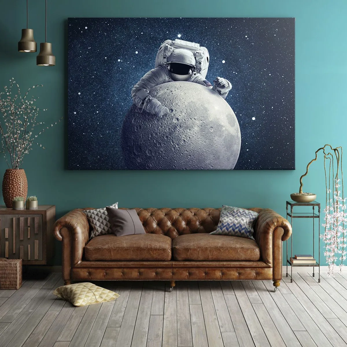 Canvas picture - Astronaut holding the moon against a starry sky - 70x50cm - Space Joker - Modern wall decoration for the living room and bedroom ARTTOR